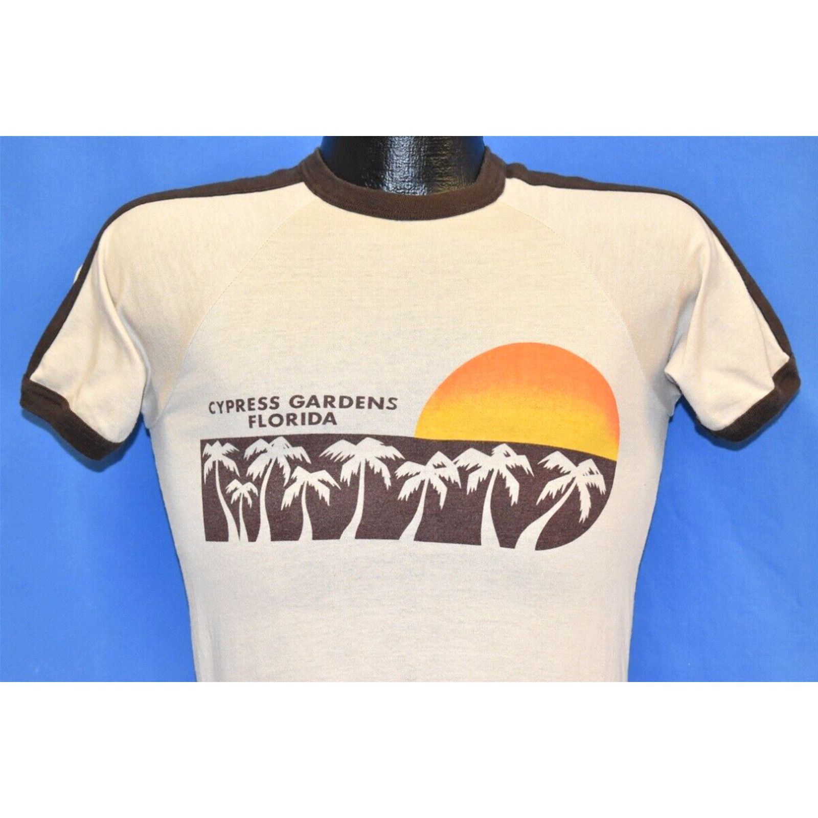 image of Vintage VTG 70's Cypress Gardens Florida Sunset Palm Trees Ringer Tourist T-Shirt Xs in White, Men'