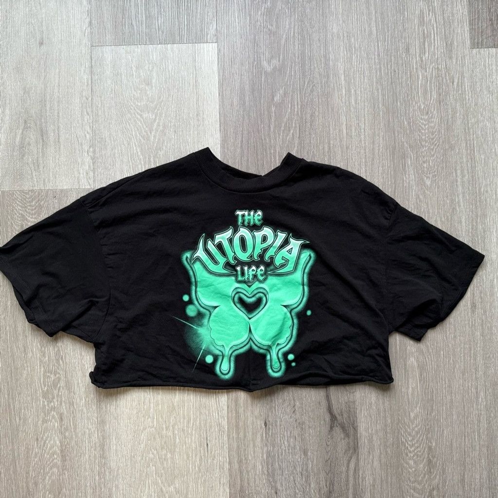 H&M H&M Black Crop Top with Green Butterfly Design Size XS / US 0-2 / IT 36-38 - 1 Thumbnail