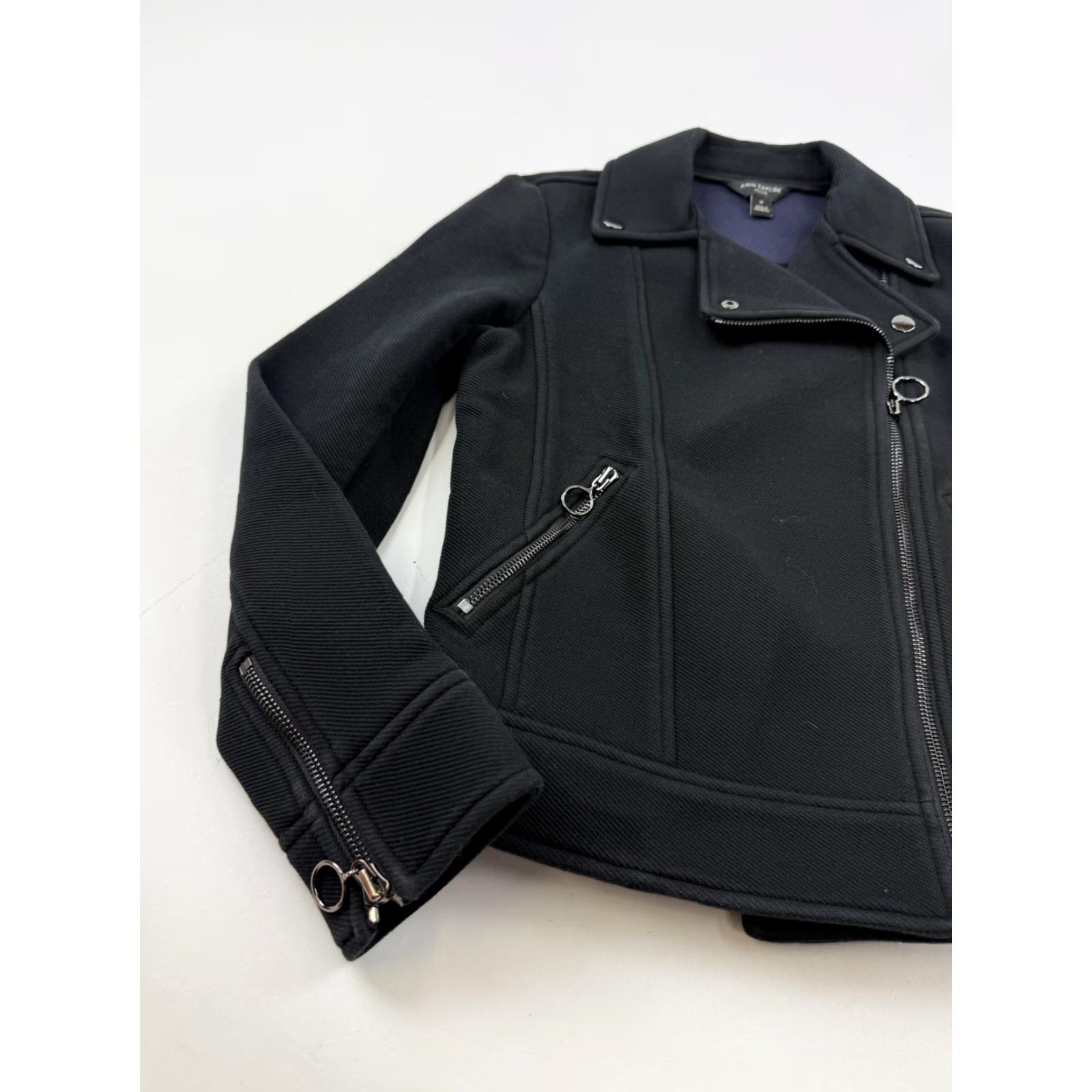 Ann Taylor Ann Taylor Jacket Womens Petite 0P Black Cotton Blend Moto Biker Zip Jacket Size XS / US 0-2 / IT 36-38 - 2 Thumbnail