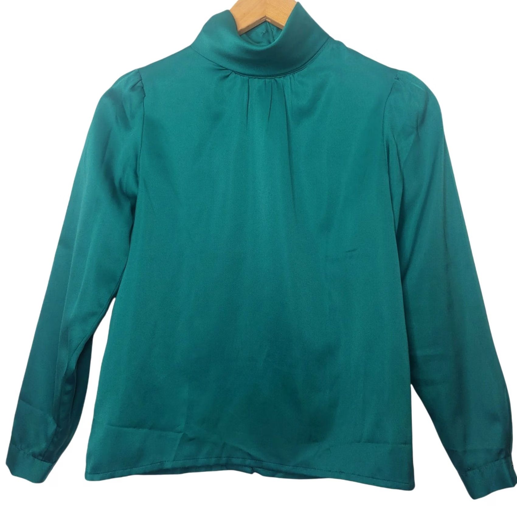 Vintage VINTAGE Blouse Shirt Green Satin High Neck Button Back Secretary Top 10 Women Ballon Sleeve Regular 100% polyester Size L / US 10 / IT 46 - 2 Thumbnail