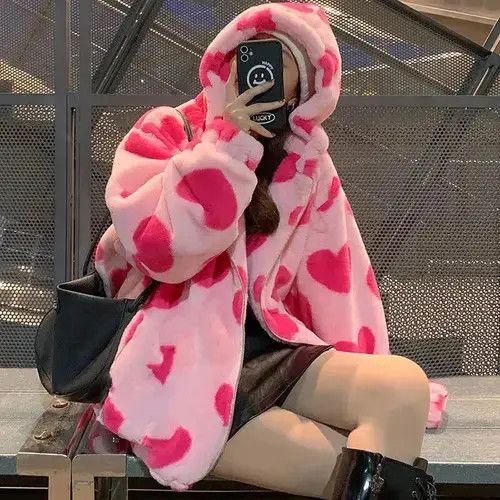 Anime × Japanese Brand Jack Harajuku Heart-shaped Print Plush Jacket Women Size ONE SIZE - 4 Thumbnail