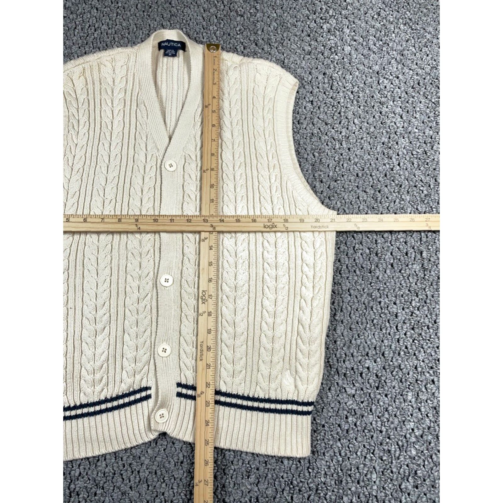Nautica Nautica Tennis Style Sweater Vest Adult Medium Beige Blue Cable Knit Button Up Vest Womens/Mens? Size US M / EU 48-50 / 2 - 4 Thumbnail