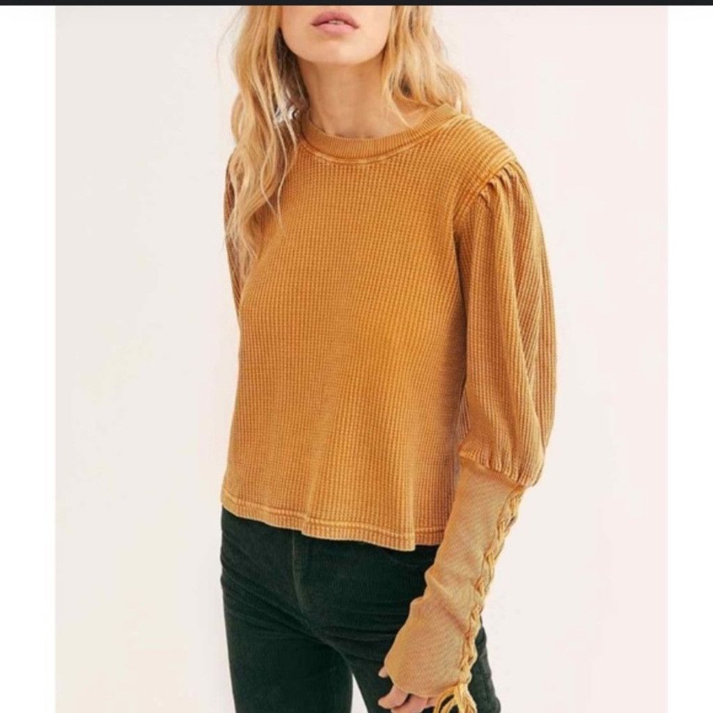 Free People FREE PEOPLE Tasha Distressed Mustard Top Laced Boho sz S Size XS / US 0-2 / IT 36-38 - 2 Thumbnail