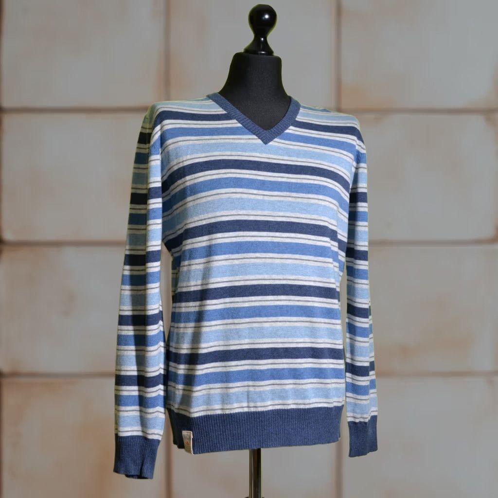 Nigel Cabourn Nigel Cabourn Jumper Striped V-Neck Blue Multicoloured Size M Men Knit Pullover Long Sleeve Modern Era 90s? Size US M / EU 48-50 / 2 - 1 Thumbnail