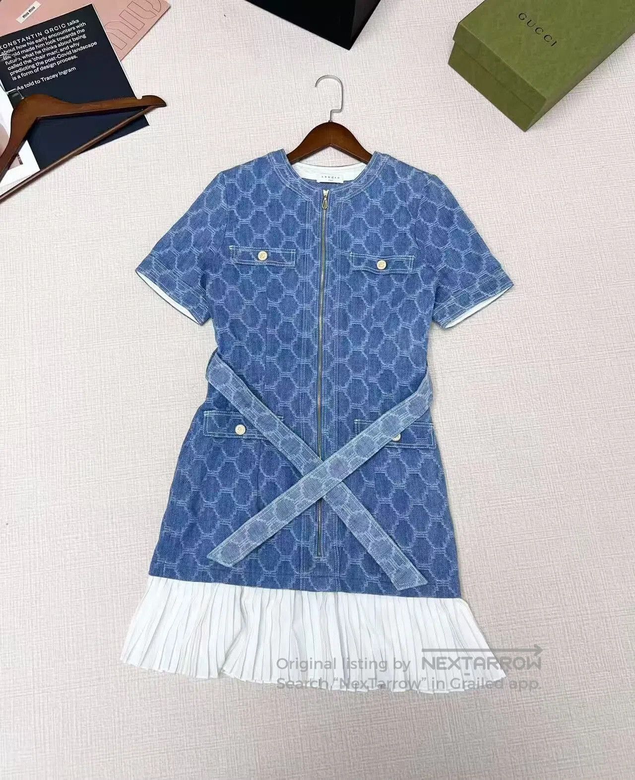 Sandro Pleated Denim Dress with Belt. Size XS / US 0-2 / IT 36-38 - 1 Thumbnail