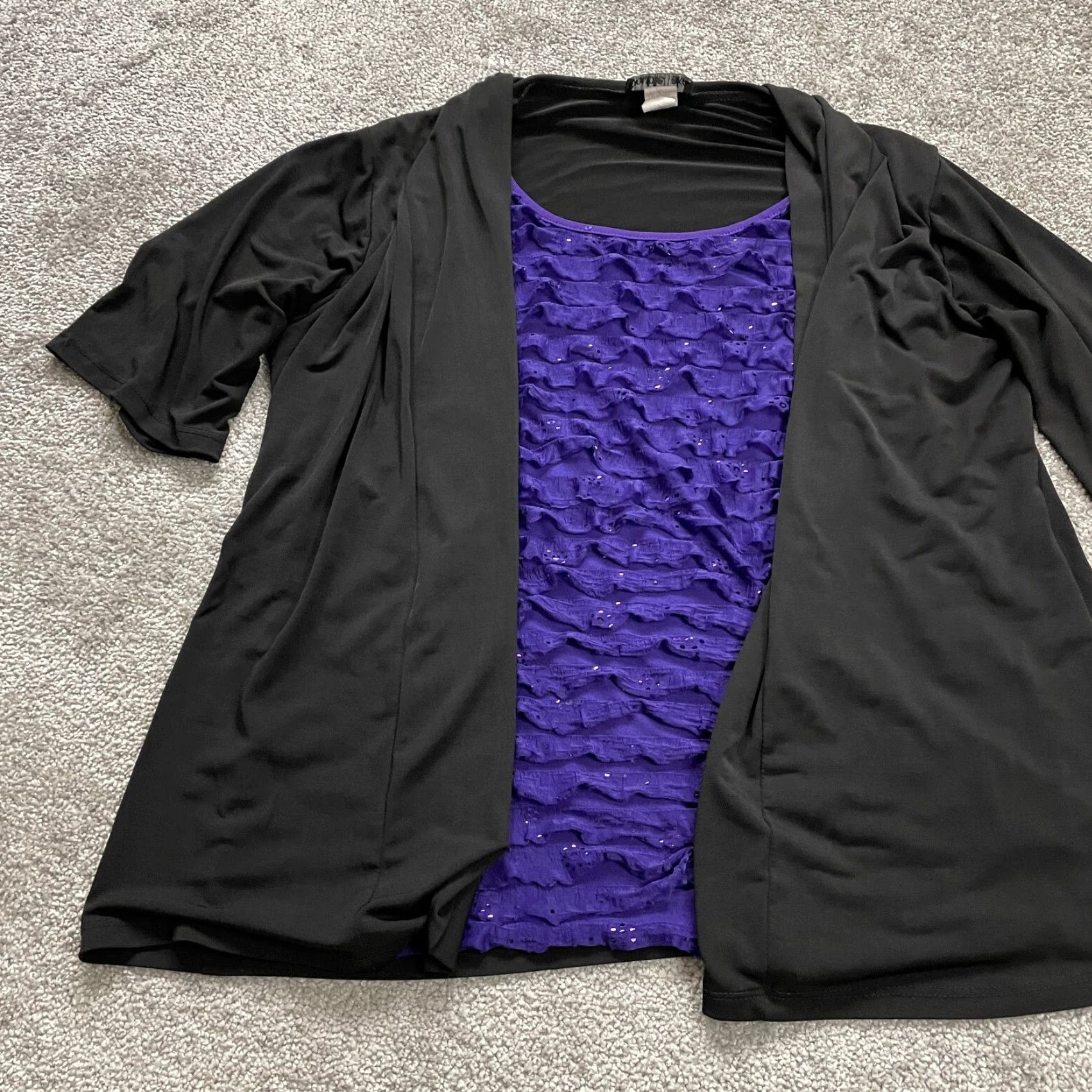 Doublet Double Take Blouse Womens XL Black Blue Short Sleeve Ruffles Stretch Casual Top Size XL / US 12-14 / IT 48-50 - 3 Thumbnail