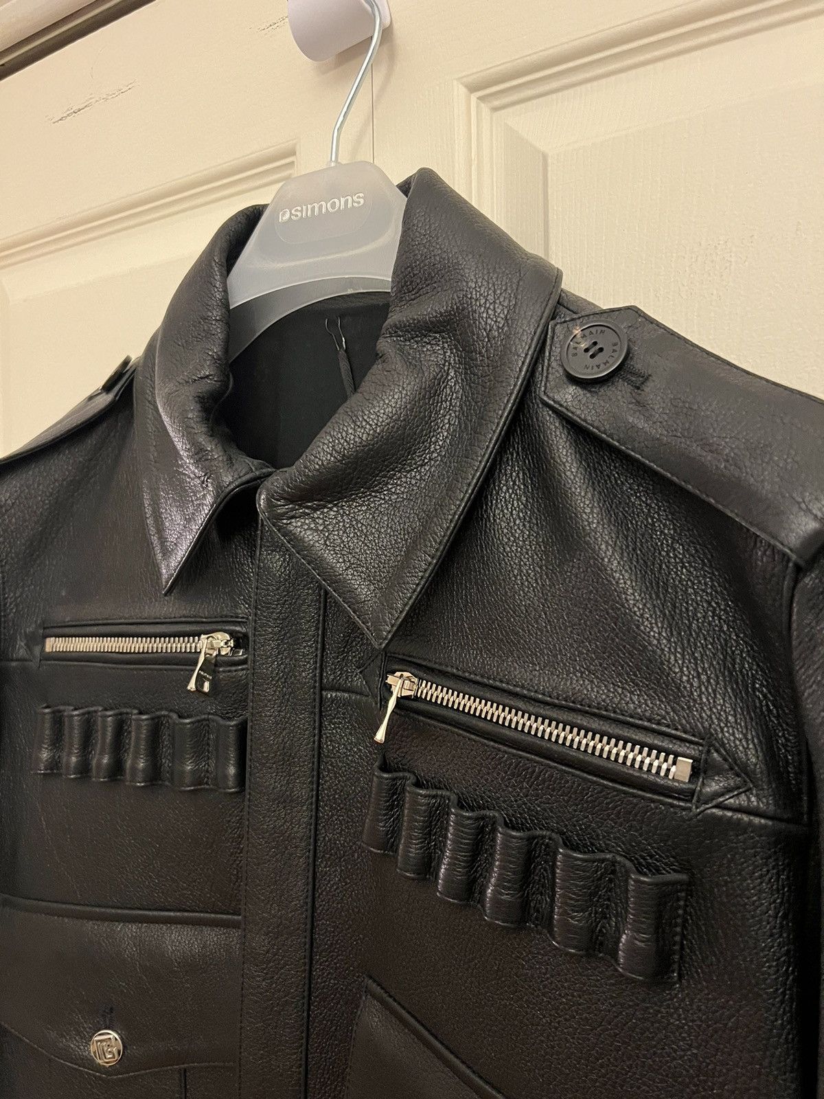 Balmain NEW 48 Grained Leather Lamb Skin Military Belt Bomber Jacket Size US M / EU 48-50 / 2 - 11 Thumbnail