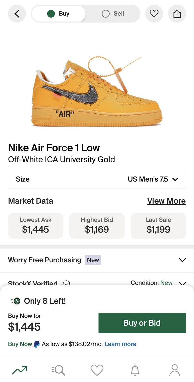 Nike × Off-White Nike Air Force 1 Low Off White ICA Gold Size US 7.5 / EU 40-41 - 9 Thumbnail