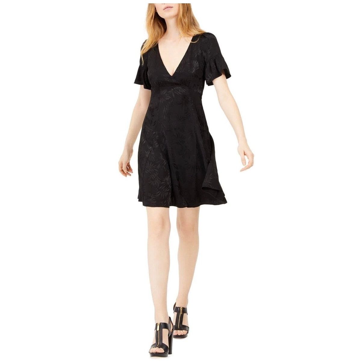 Michael Kors Michael Kors Black Satin Floral Flutter Sleeve Dress XXS Size XXS / US 00 / IT 34 - 2 Thumbnail