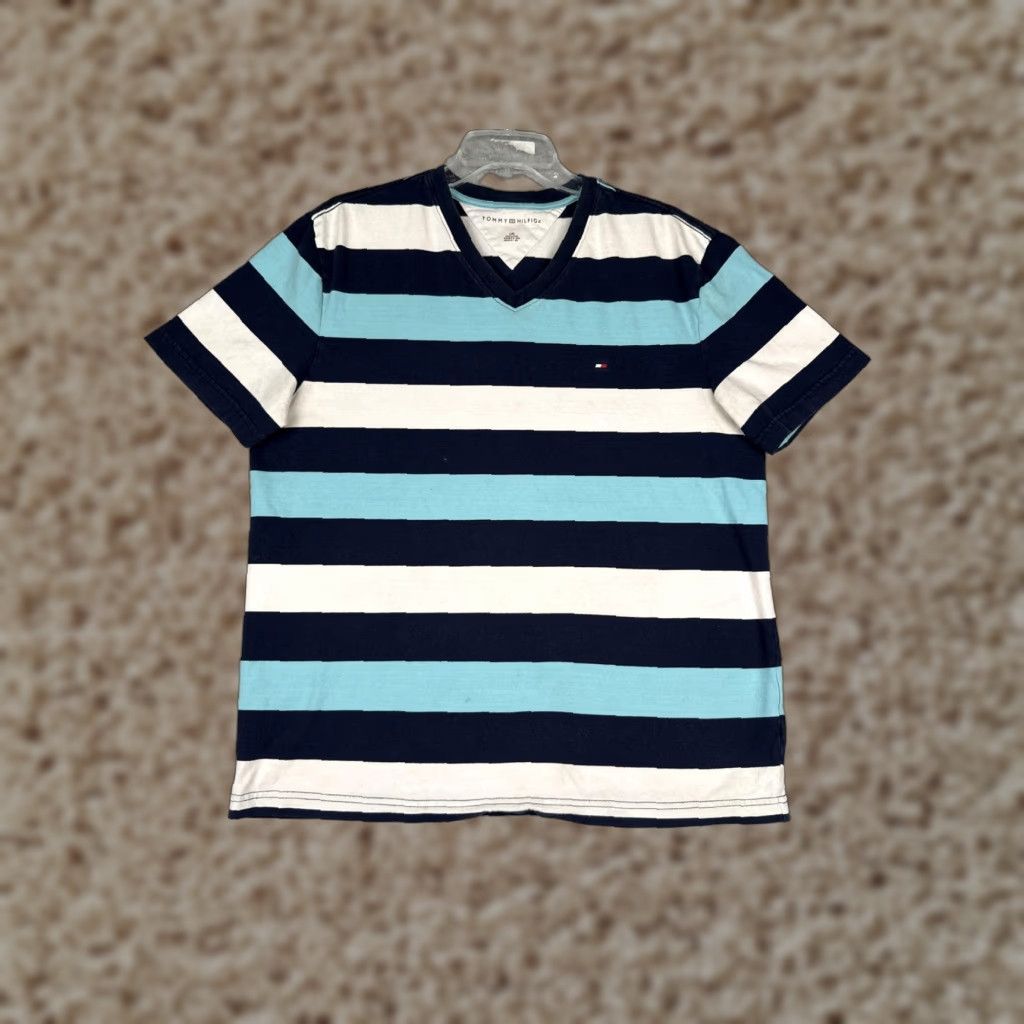 Tommy Hilfiger Tommy Hilfiger Shirt Mens Large Multicolor Striped V-Neck Short Sleeve Cotton Size US L / EU 52-54 / 3 - 1 Thumbnail