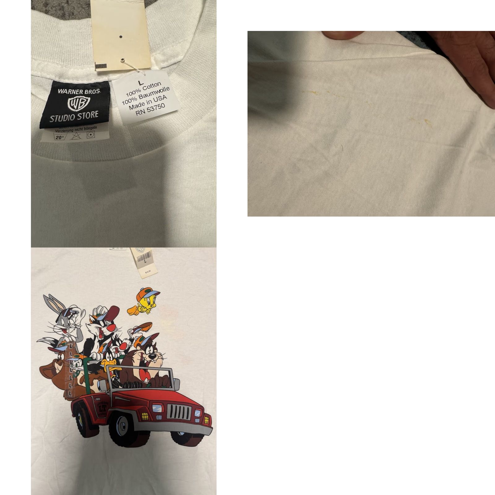 Vintage VINTAGE Warner Bros Looney Tunes T-Shirt L White Unisex 1990s 2-Sided Bugs Bunny Taz Daddy Jeep Size US L / EU 52-54 / 3 - 9 Thumbnail