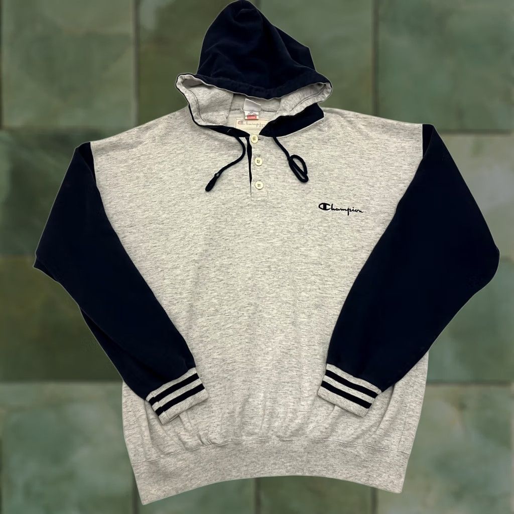Champion Vintage Champion Hoodie XL Grey Navy Henley Logo Made In Italy 90s Size US XL / EU 56 / 4 - 1 Thumbnail