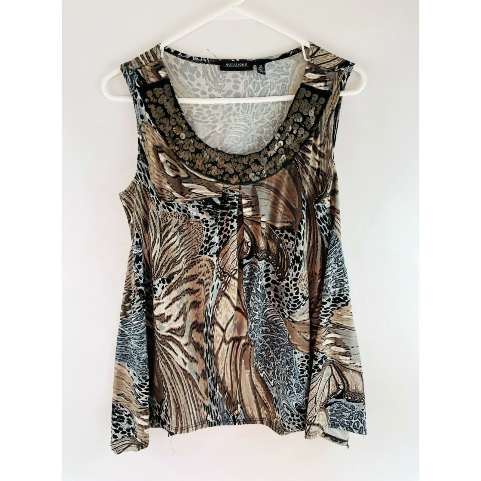 Vintage Notations Sleeveless Top Women's Brown Animal Print Beads Scoopneck M Swing Shirt Casual Size M / US 6-8 / IT 42-44 - 2 Thumbnail
