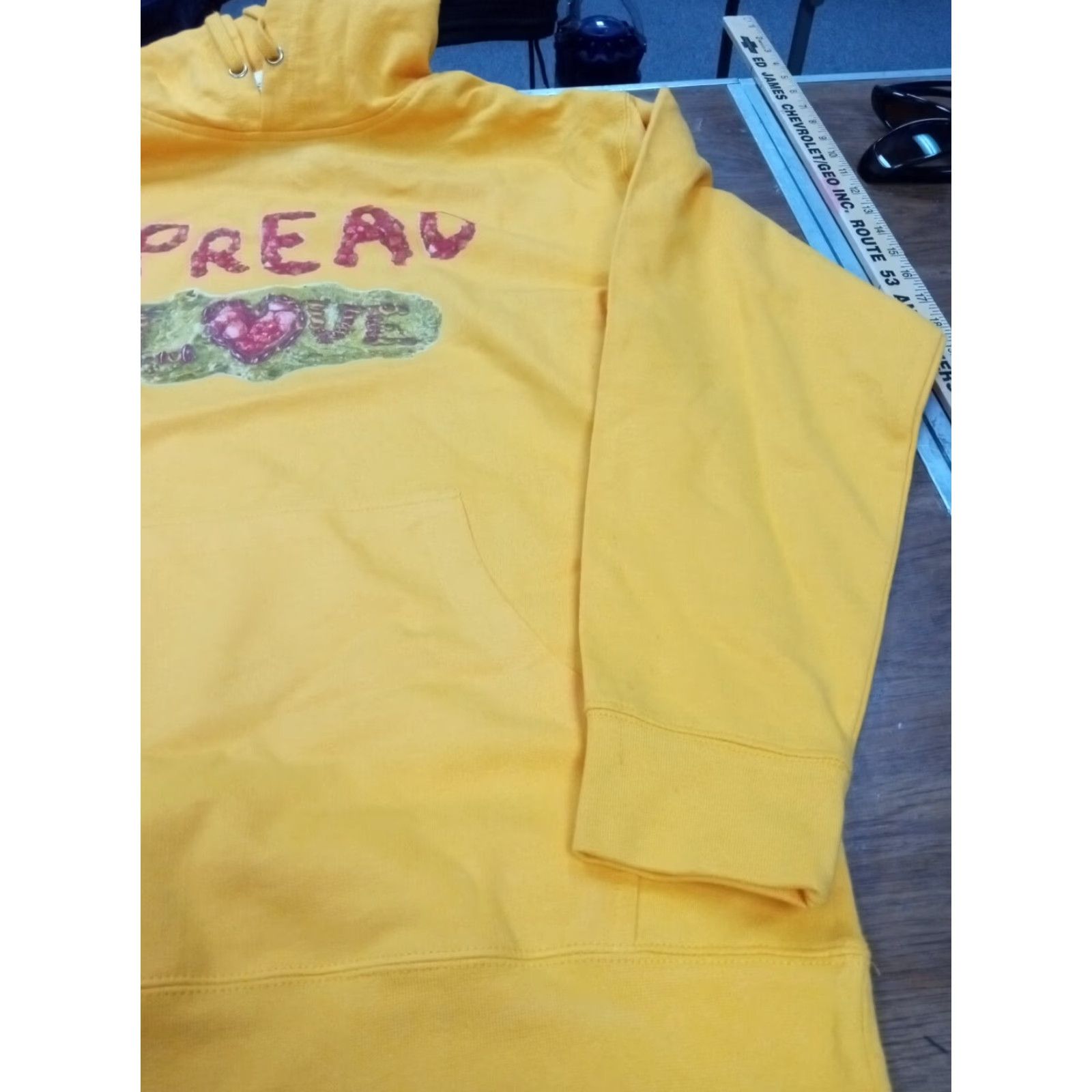 Vintage Spread Love Hoodie Unisex Adults L Yellow Graphic Print Pullover 42" X 30" New Independent Trading Co. Size US L / EU 52-54 / 3 - 4 Thumbnail