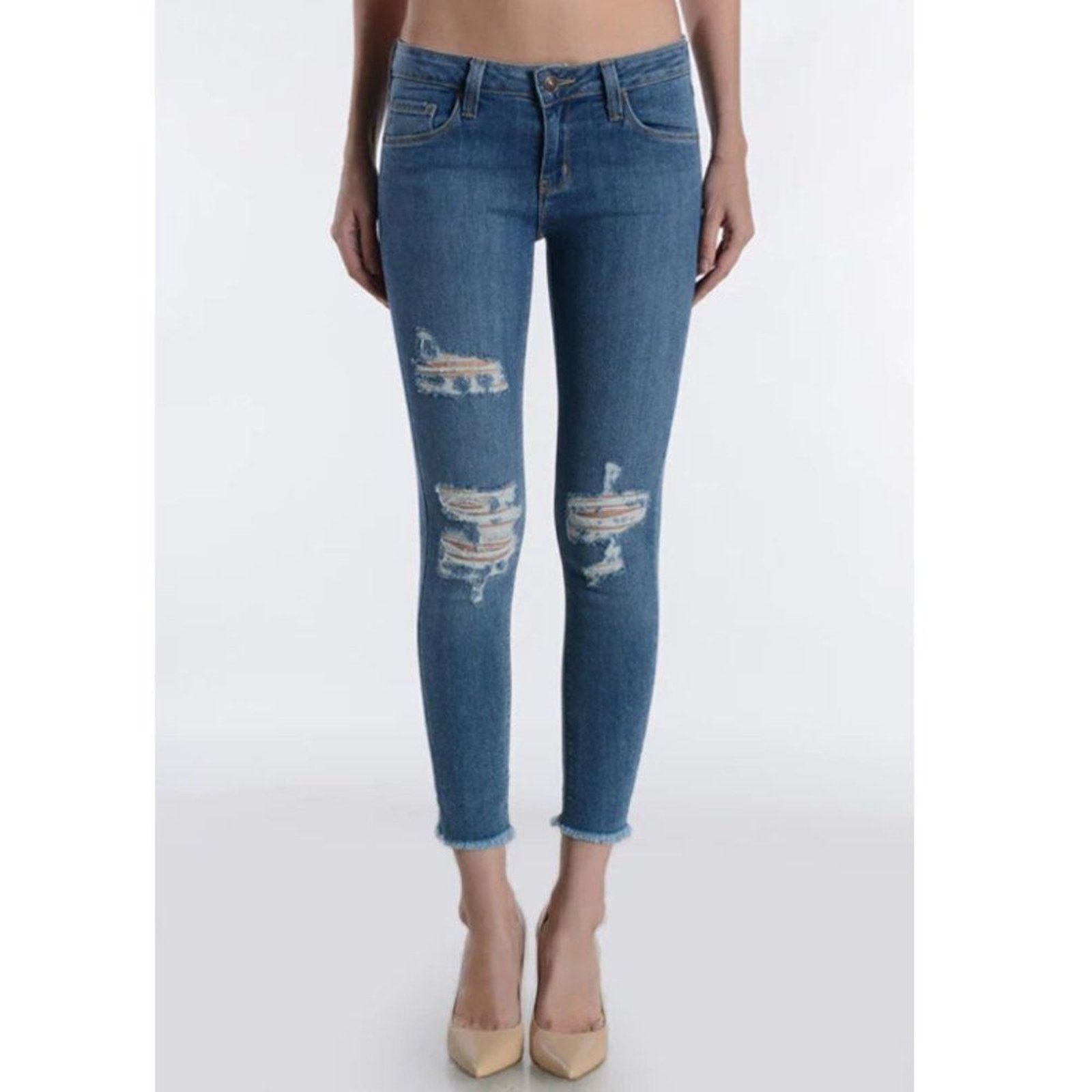 Other Just Black Denim Blue Distressed Raw Hem Skinny Jeans Sz 28 Size 28" / US 6 / IT 42 - 2 Thumbnail