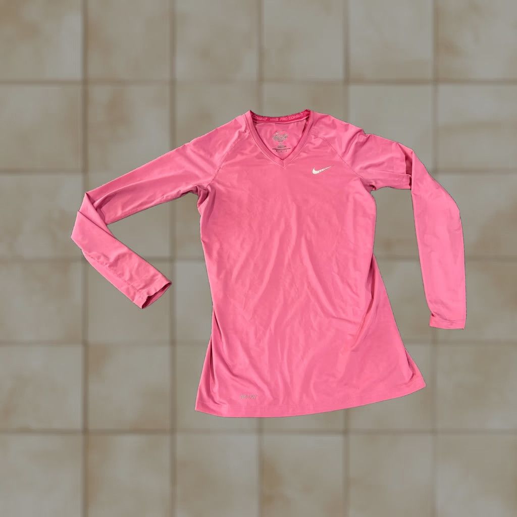 Nike Nike Pro Combat Shirt Womens M Pink Dri-FIT Long Sleeve Training Raglan V-Neck Slim Shirt Size M / US 6-8 / IT 42-44 - 1 Thumbnail
