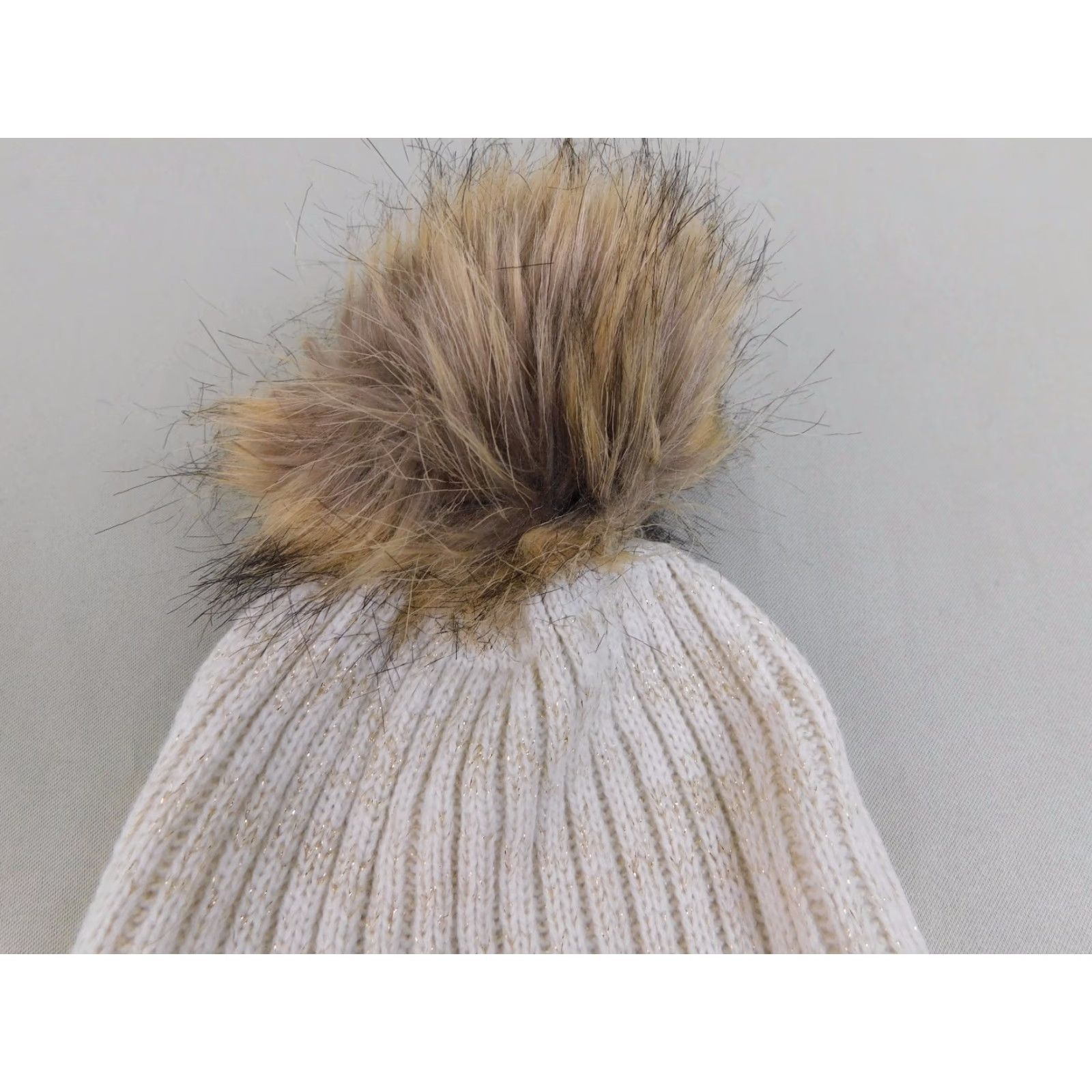 Incu INC Beanie Hat Womens Winter Knit Faux Fur Pom Pom Ivory Beige 6080 Size ONE SIZE - 3 Thumbnail