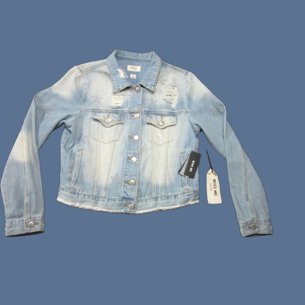 Miss Me Jacket Womens Large Blue Denim Distressed Star Studded Raw Hem