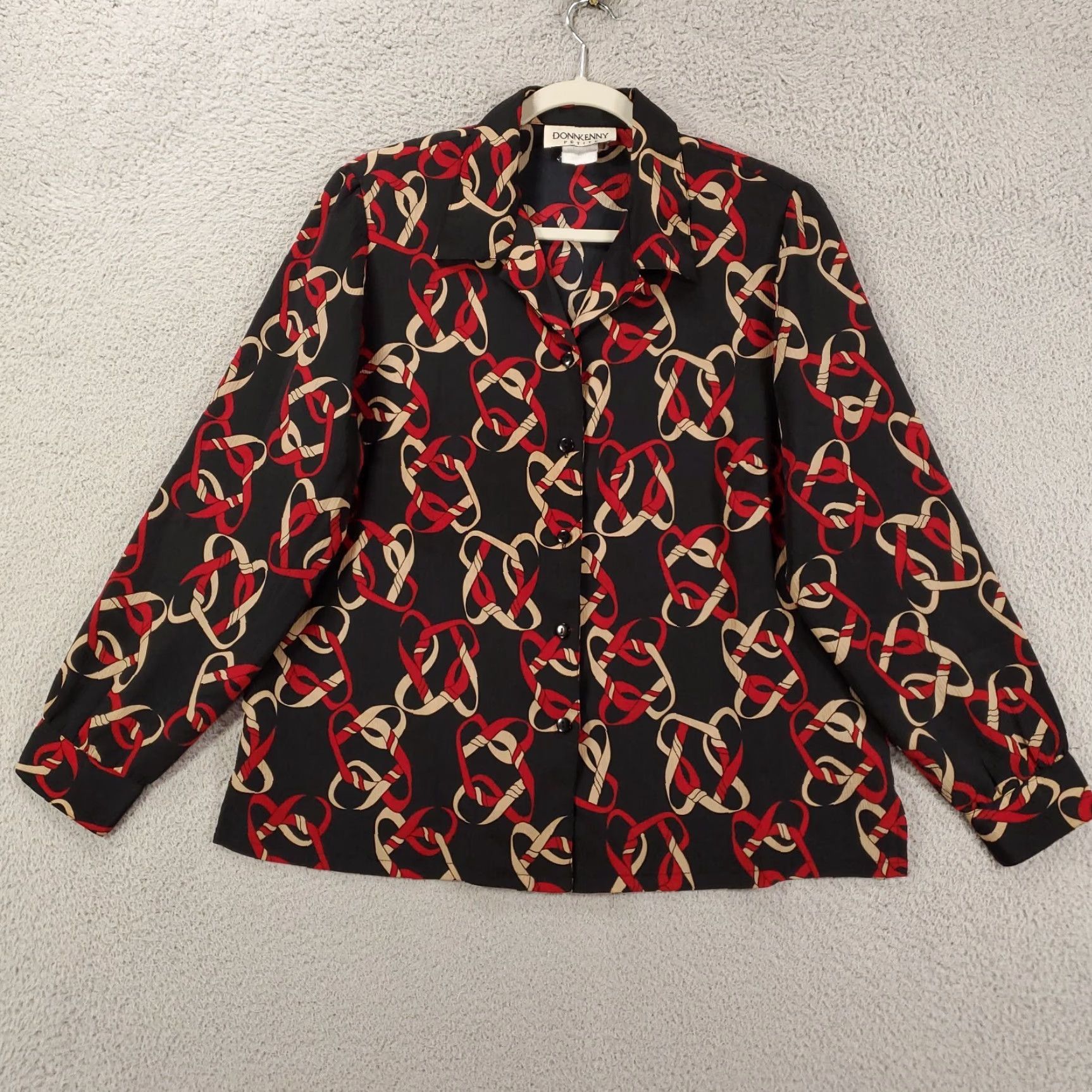 Vintage Donnkenny Blouse Womens Petite Medium Black Red Geometric Camp Button Up READ Reading? Size M / US 6-8 / IT 42-44 - 4 Thumbnail