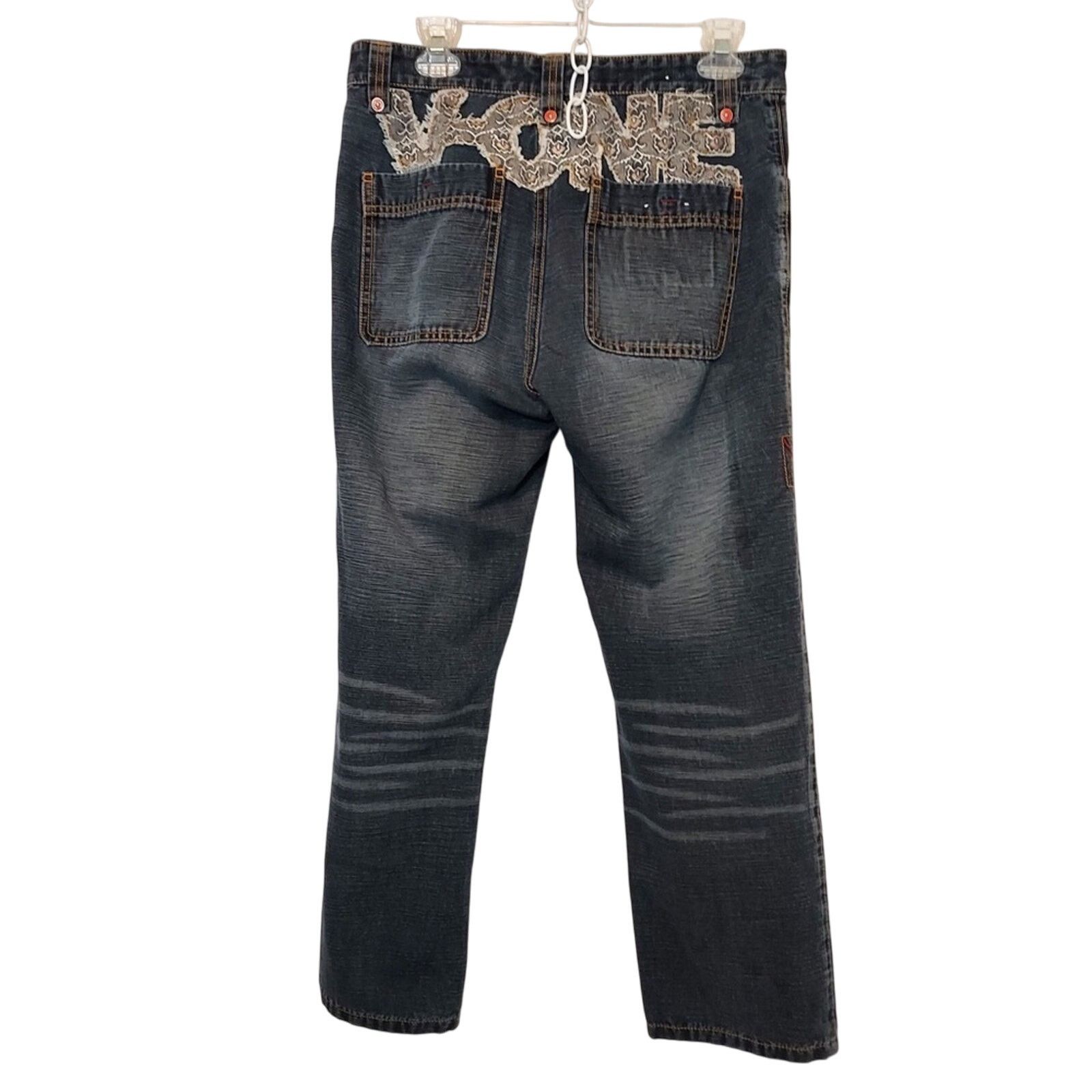 Other V-One Studio Denim Medium Blue Lace Patchwork Straight Jeans Size 33" - 2 Thumbnail
