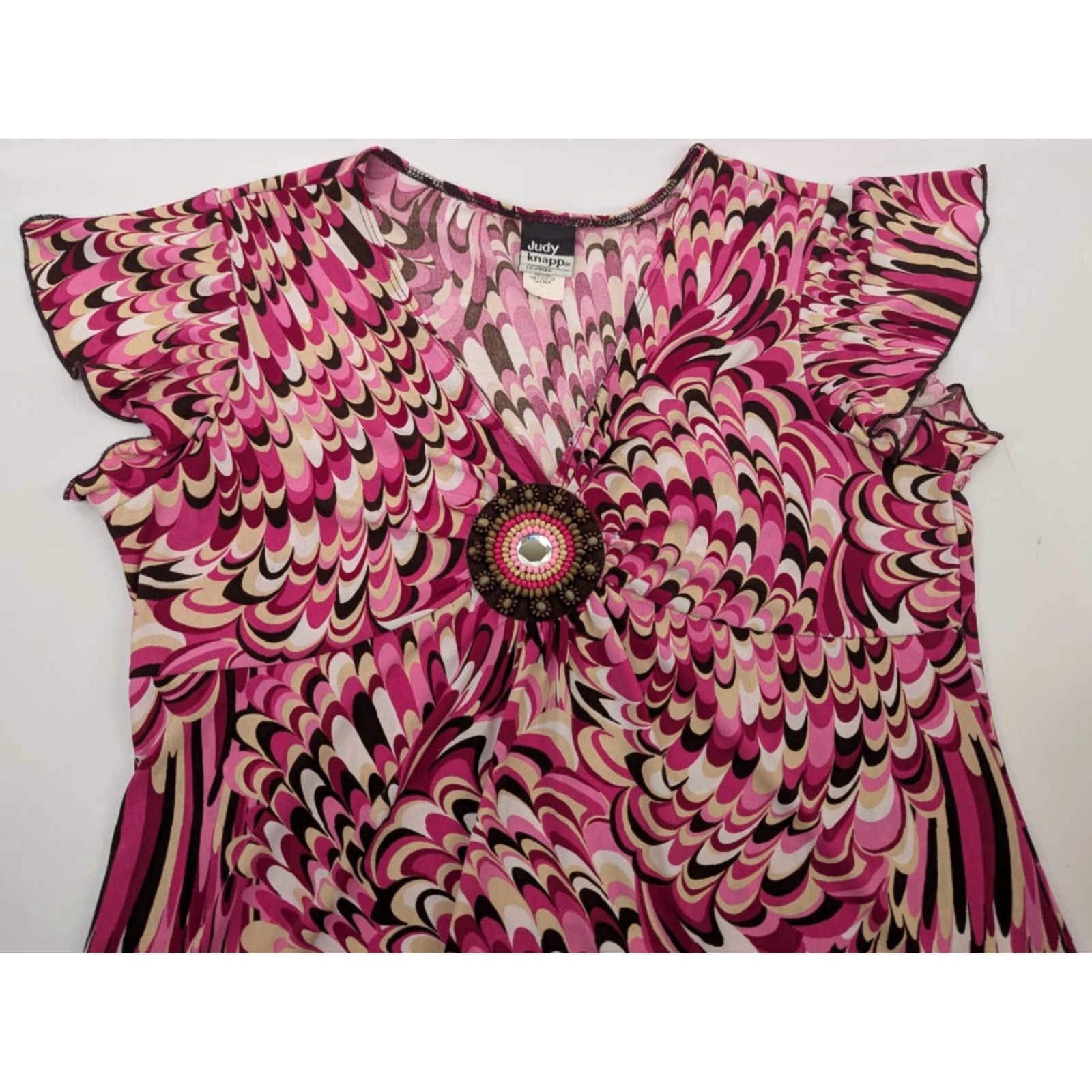 Pinko Judy Knapp Blouse Pink Short Flutter Sleeves Beaded V-Neck Geometric Pattern Plus Size L Womens Size L / US 10 / IT 46 - 5 Thumbnail