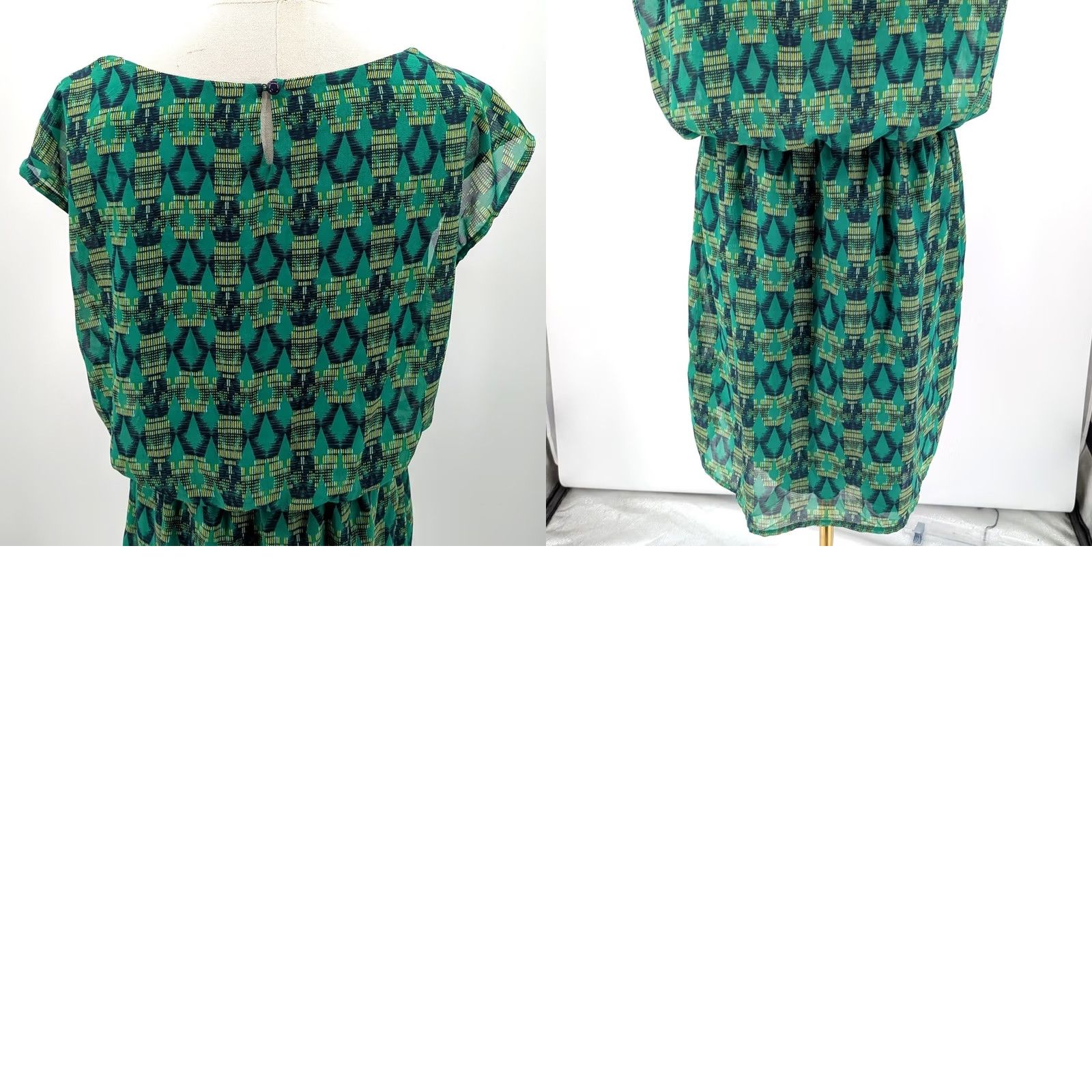 Vintage Bongo Dress Geometric Print Chiffon Boho Cutout Neck XL Women Green Size XL / US 12-14 / IT 48-50 - 8 Thumbnail