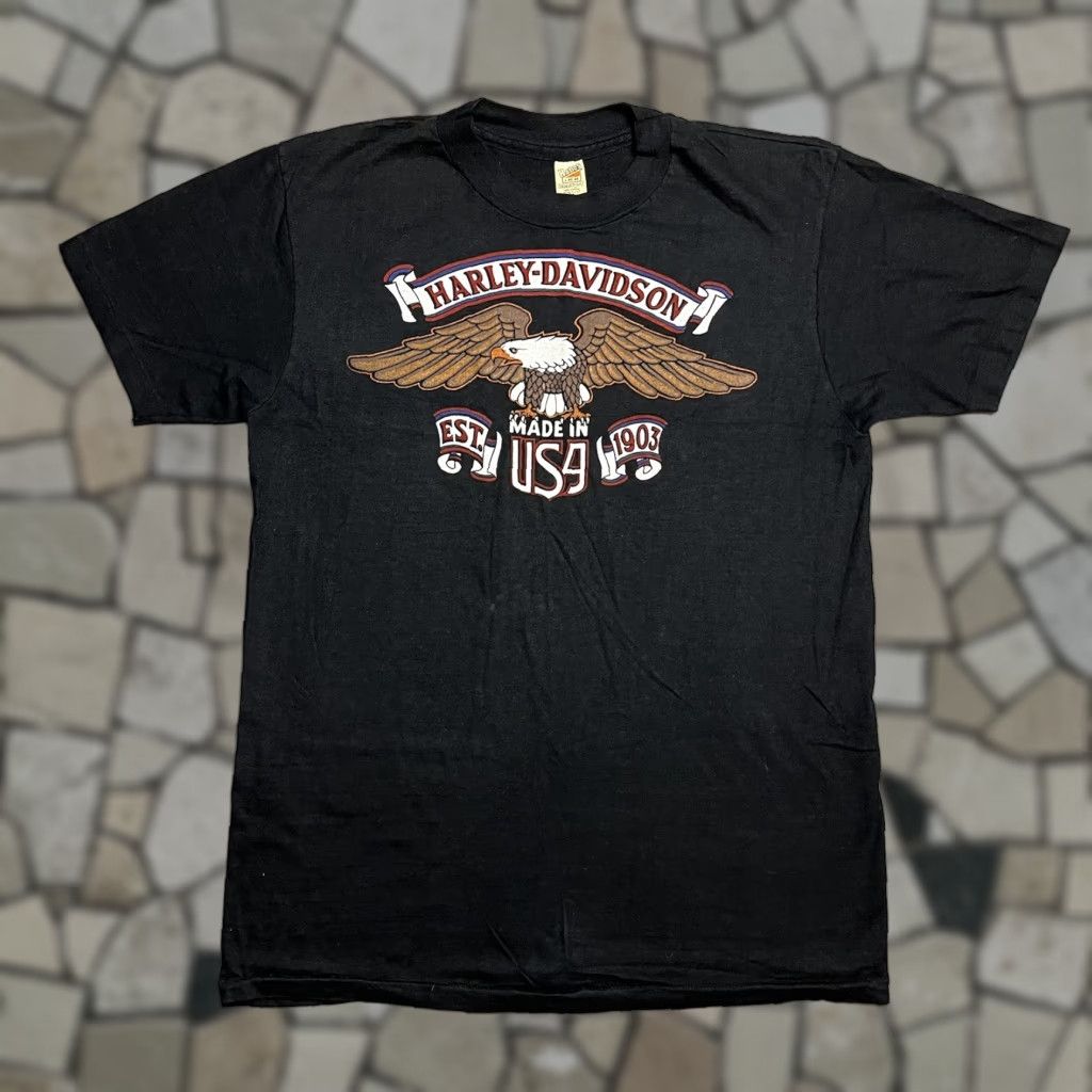 VINTAGE Harley Davidson T-Shirt L Hanes Black Crew Neck Short Sleeve 70s Biker Motorcycle Eagle USA Men