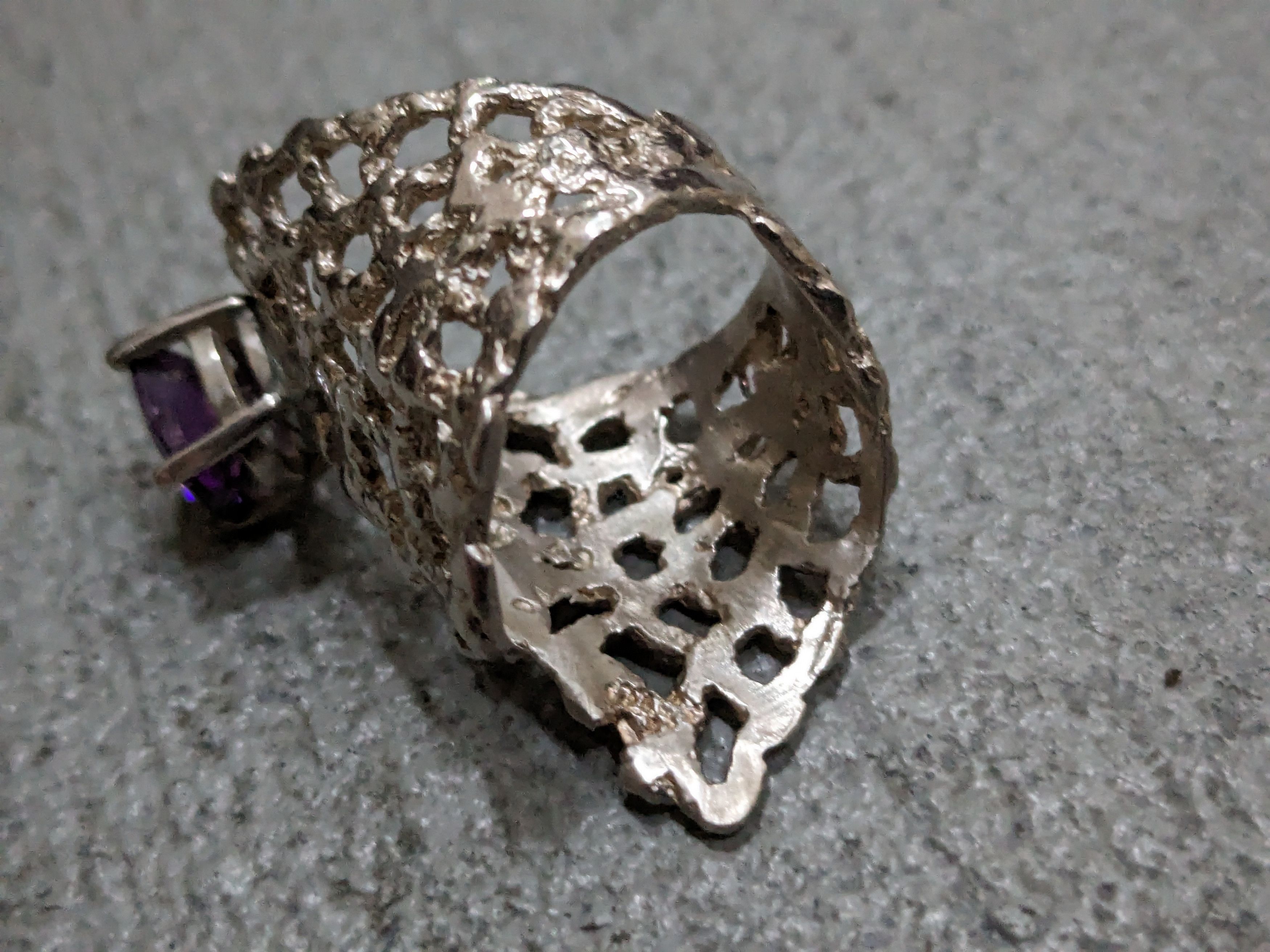 Jewelry Sterling Silver Ring Amethyst Size 8 Adjustable Brutalist Size ONE SIZE - 6 Thumbnail