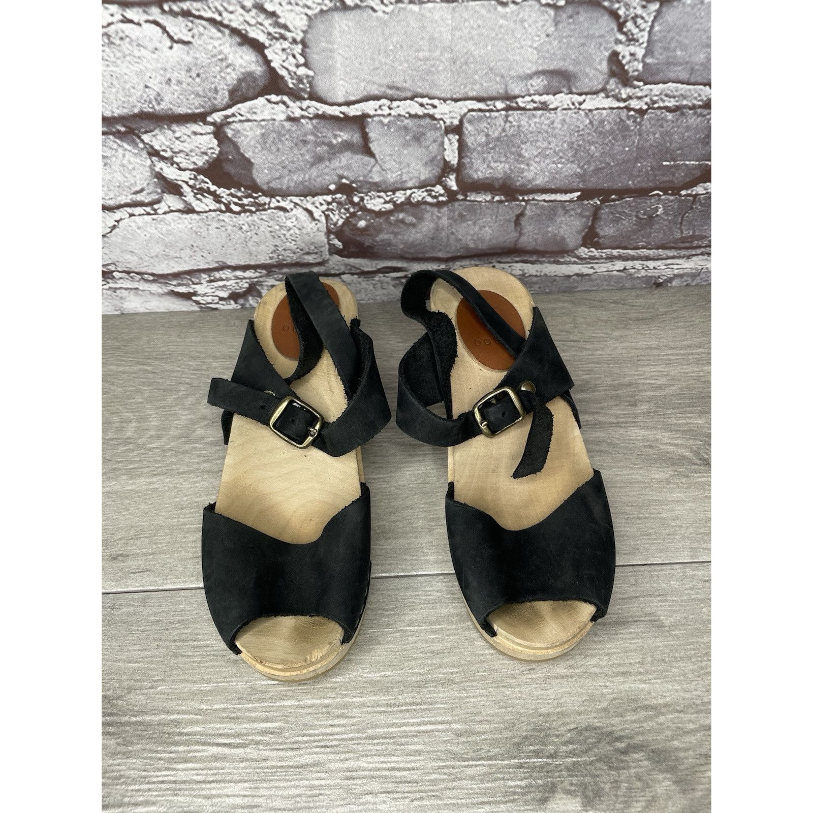 Other Mabo Black Leather Peep Toe Strap Sweden Clogs Heel Sandals Size US 4 / IT 34 - 21 Thumbnail
