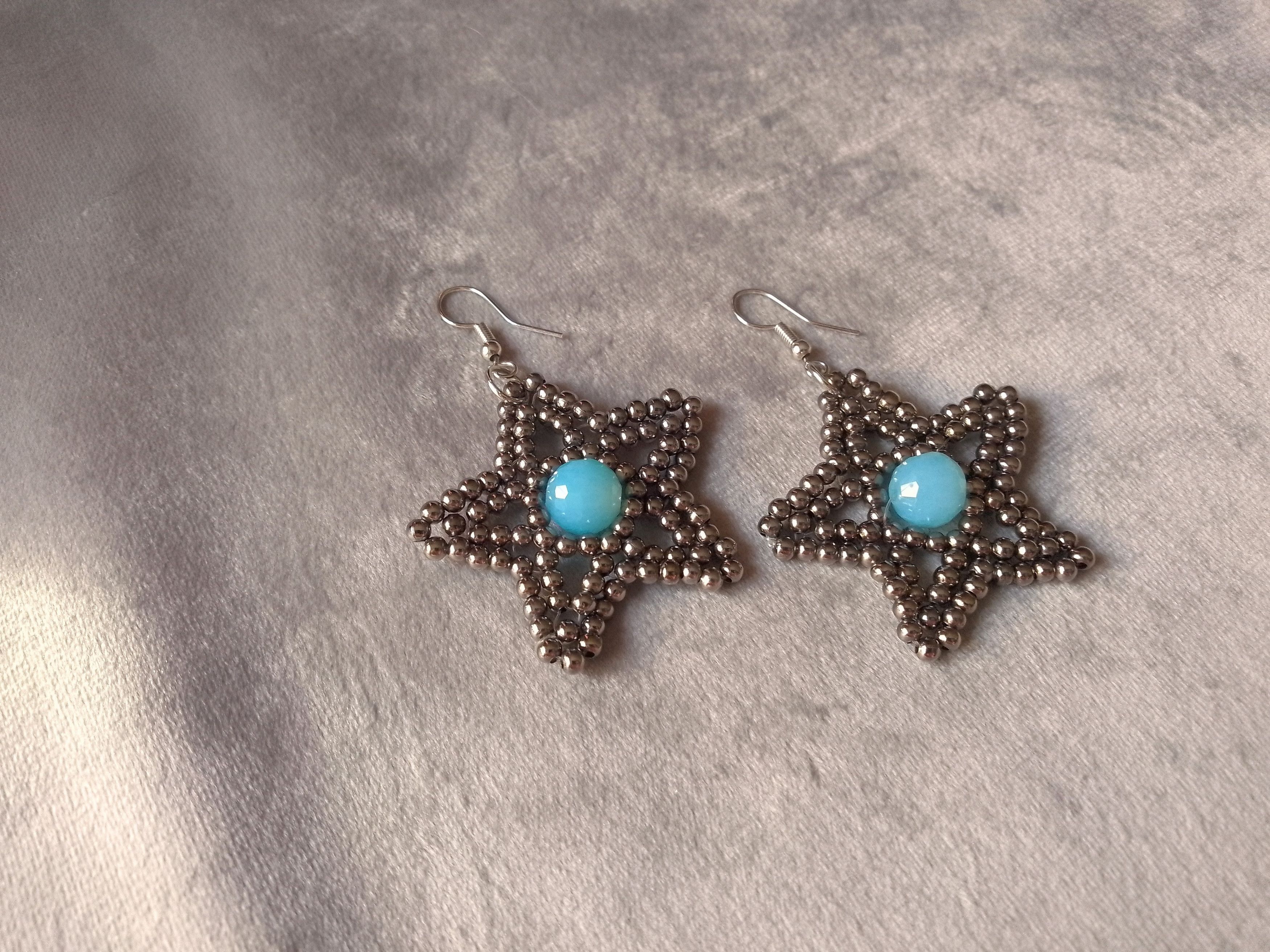 Handmade Earrings Star Brass Beaded Blue Crystal Unique Design Size ONE SIZE - 2 Thumbnail