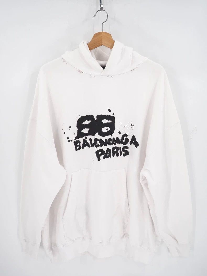 Balenciaga Balenciaga White Destruction Graffiti Logo Hoodie Size US M / EU 48-50 / 2 - 2 Thumbnail