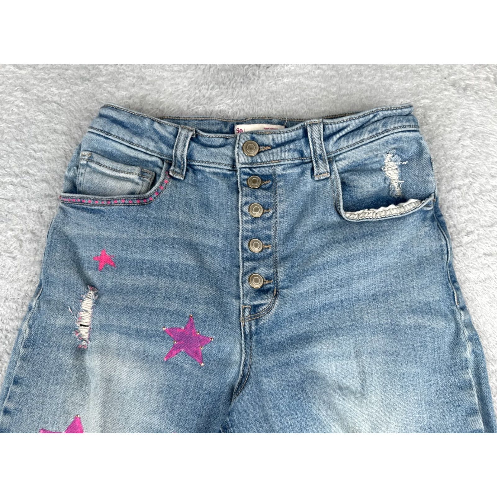Vintage SO Jeans Juniors Blue Denim Wide Leg High Rise Jeans Women Cotton Blend Distressed 5-Pocket Design Medium Wash 9 Size 30" / US 8 / IT 44 - 4 Thumbnail