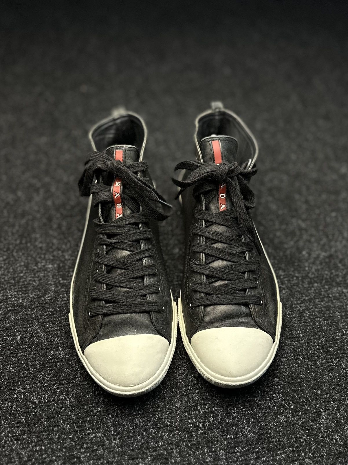 Prada Prada Red Tab Leather High Top Sneakers Size 8.5 EU 41 Black Size US 8.5 / EU 41-42 - 3 Thumbnail