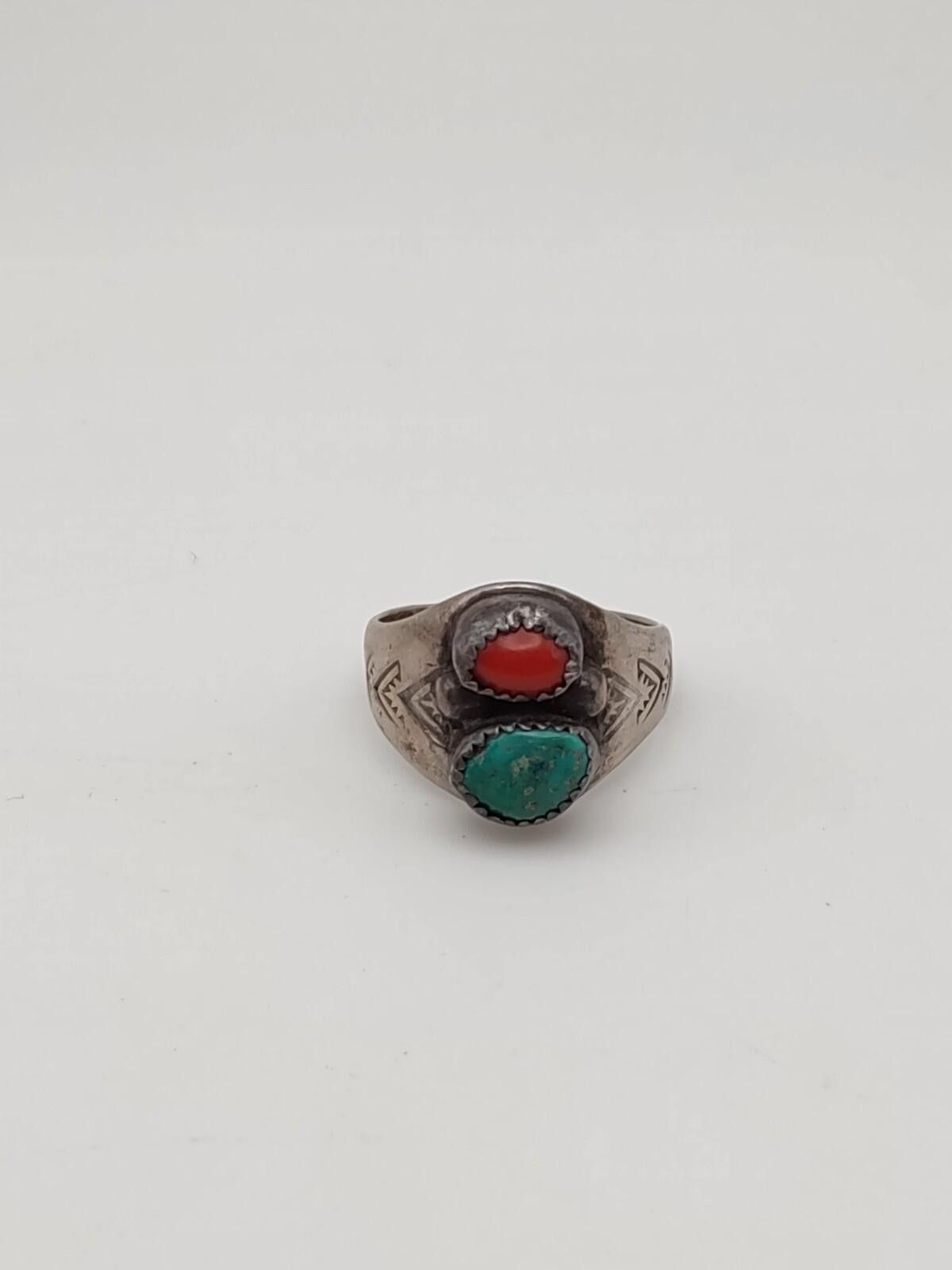 Virgil Leekya Zuni Turquoise Coral Mens Ring 12.5 Signed VL
