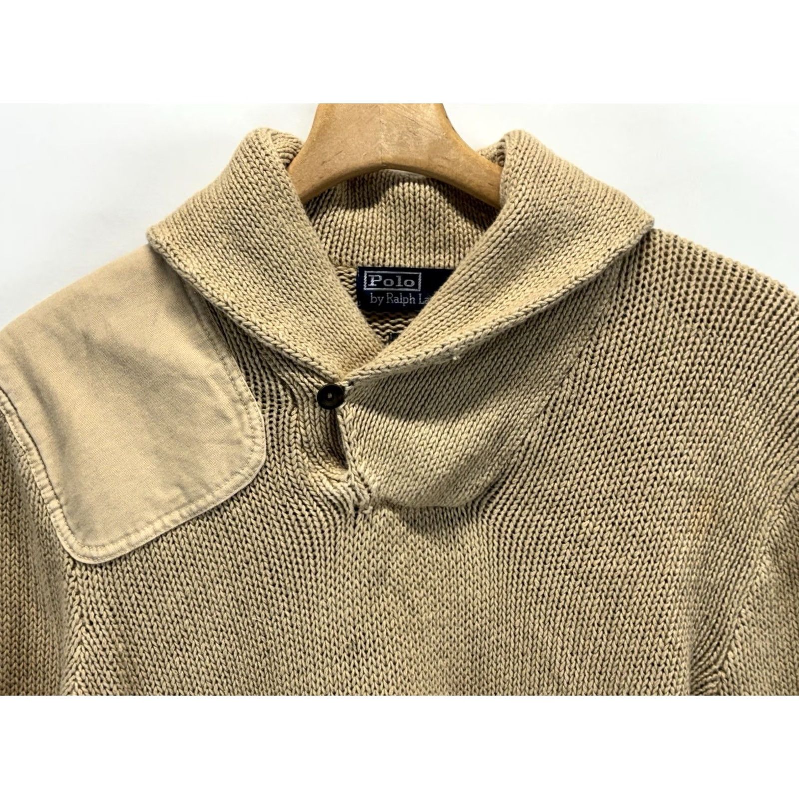 Polo Ralph Lauren VINTAGE Polo Ralph Lauren Shawl Collar Sweater Mens L Tan Chunky Linen Blend Patch Size US L / EU 52-54 / 3 - 3 Thumbnail
