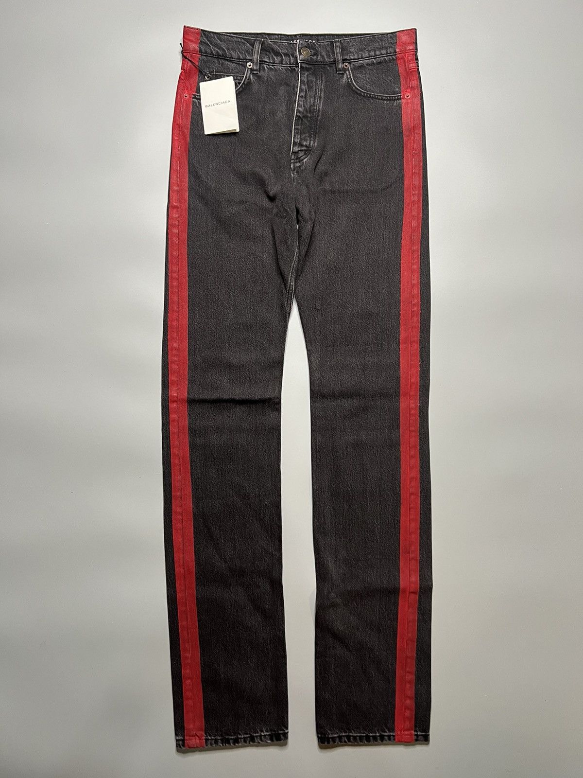 image of Balenciaga X Demna Gvasalia S/s 17 Red Stripe Jeans in Washed Black, Men's (Size 30)