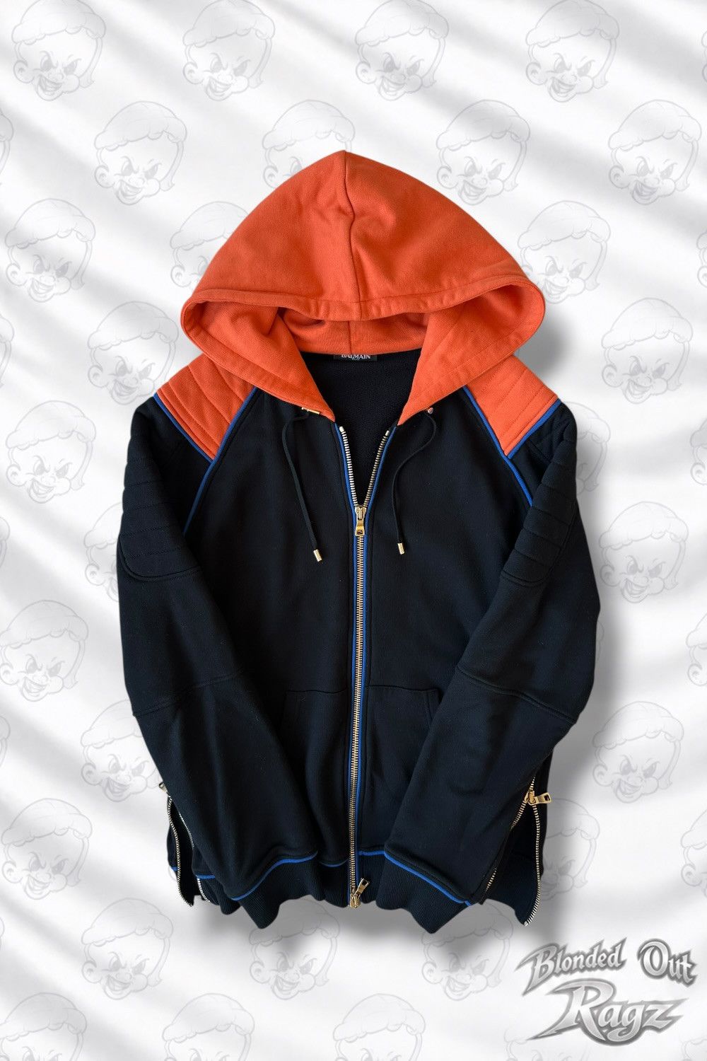 Balmain SS17 Balmain Biker Multi Zip Heavy Hoodie Orange/Black Size US XL / EU 56 / 4 - 1 Thumbnail