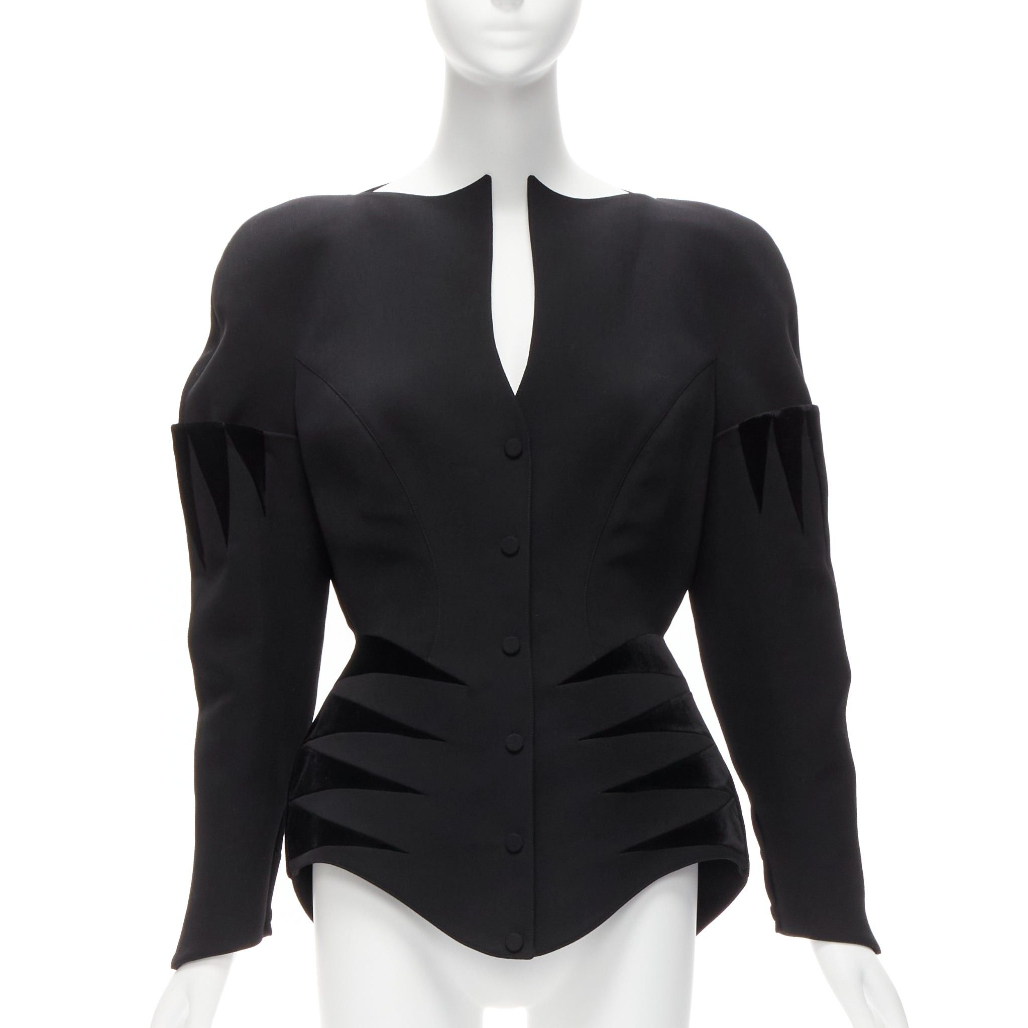 Thierry Mugler rare THIERRY MUGLER Vintage black combed wool geometric velvet trim peplum jacket IT40 S Size S / US 4 / IT 40 - 1 Thumbnail
