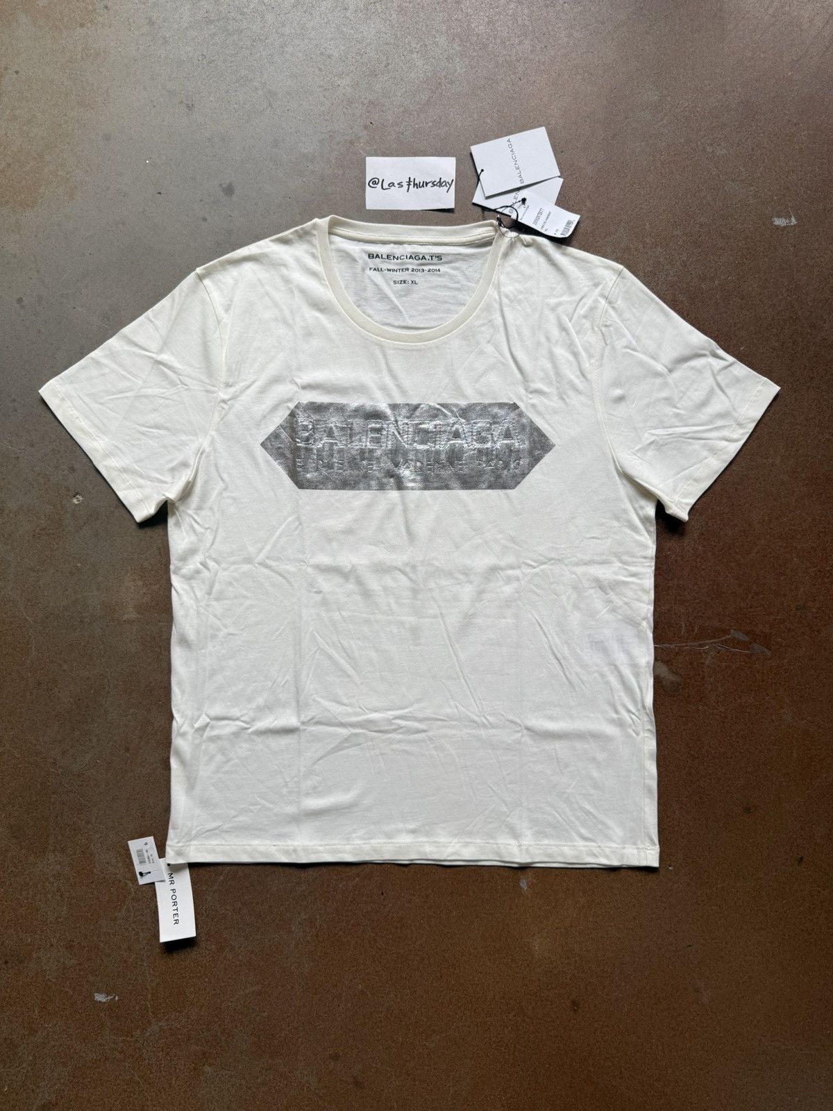 Balenciaga Balenciaga FW13 Silver Tape Logo Tee White XL Size US XL / EU 56 / 4 - 2 Thumbnail