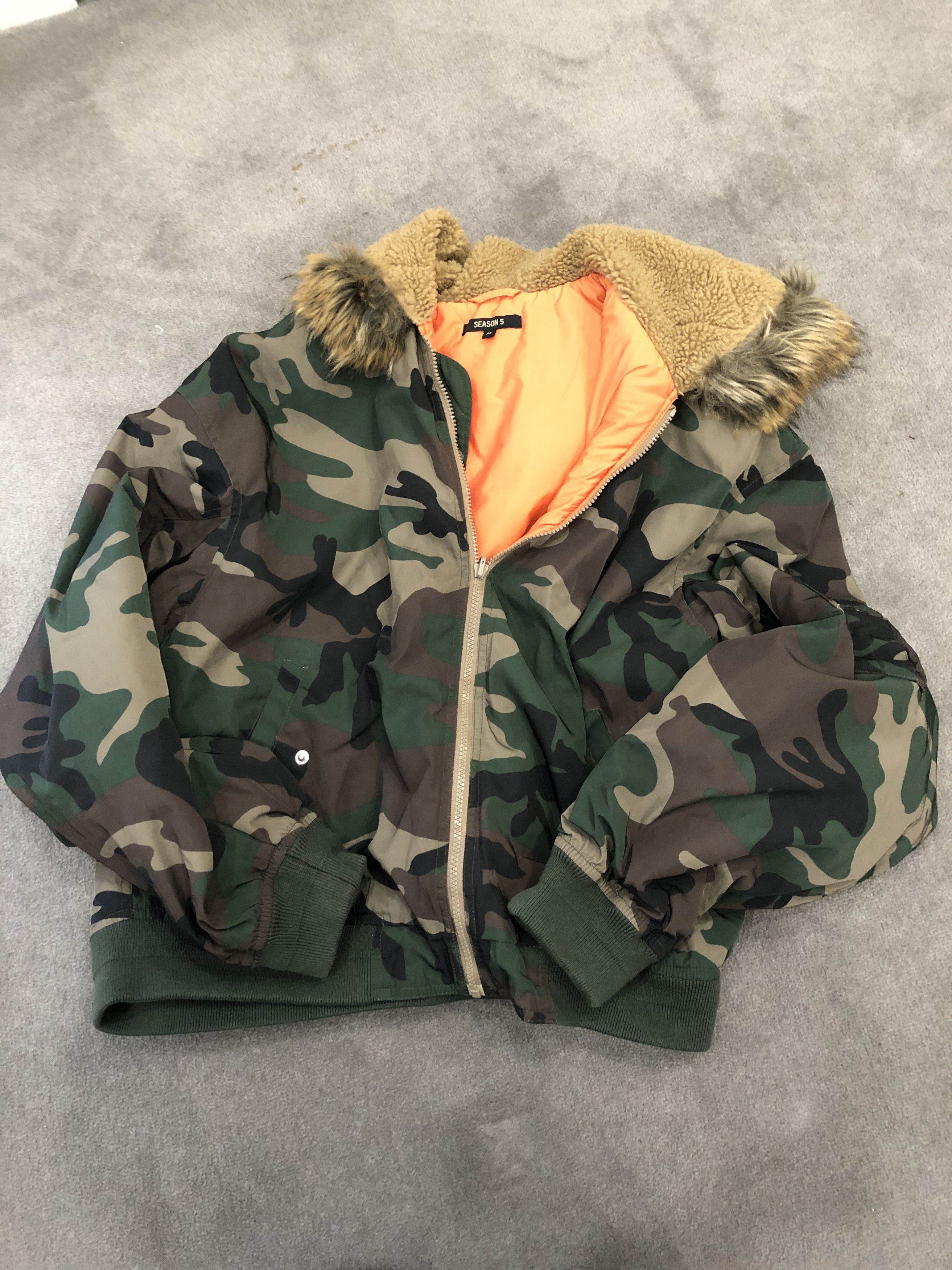 image of Yeezy Season 5 Faux Fur Hooded Camo Print Bomber Jacket, Men's (Size Medium)