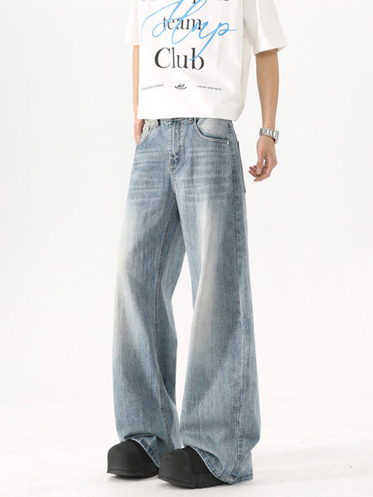 Japanese Brand Men's high street casual loose wide-leg washed blue jeans Size US 32 / EU 48 - 5 Thumbnail