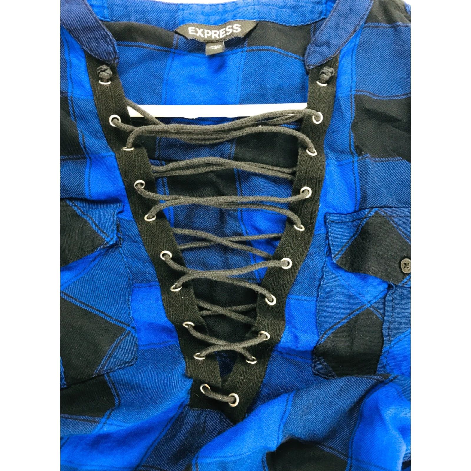 Express Express Blouse Women's Size S Blue Black Plaid Long Sleeve Lace-Up V-Neck Flaps Size S / US 4 / IT 40 - 3 Thumbnail