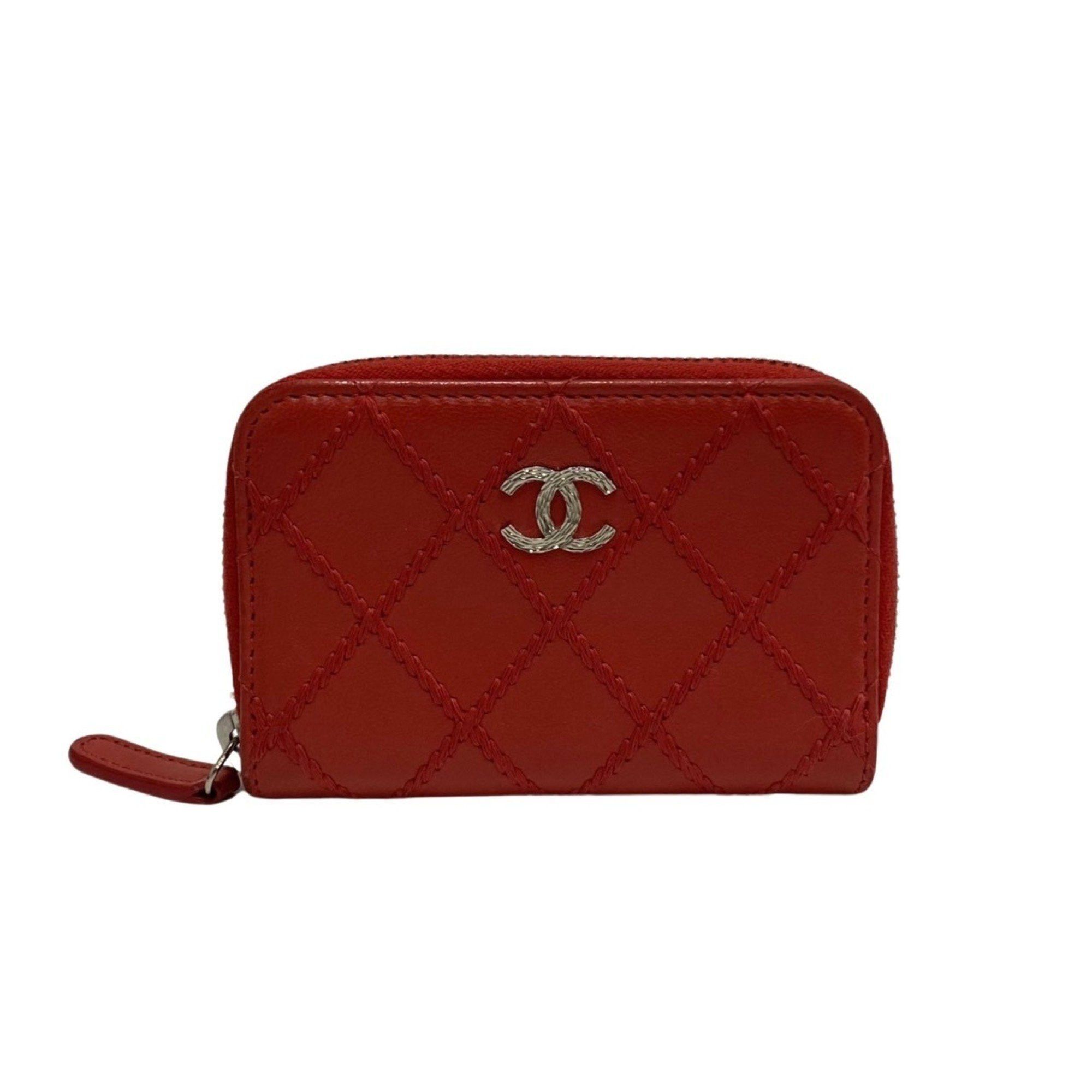 image of Chanel Matelasse Wild Stitch Lambskin Leather Round Zip Coin Purse 035-5 in Red Color, Women's