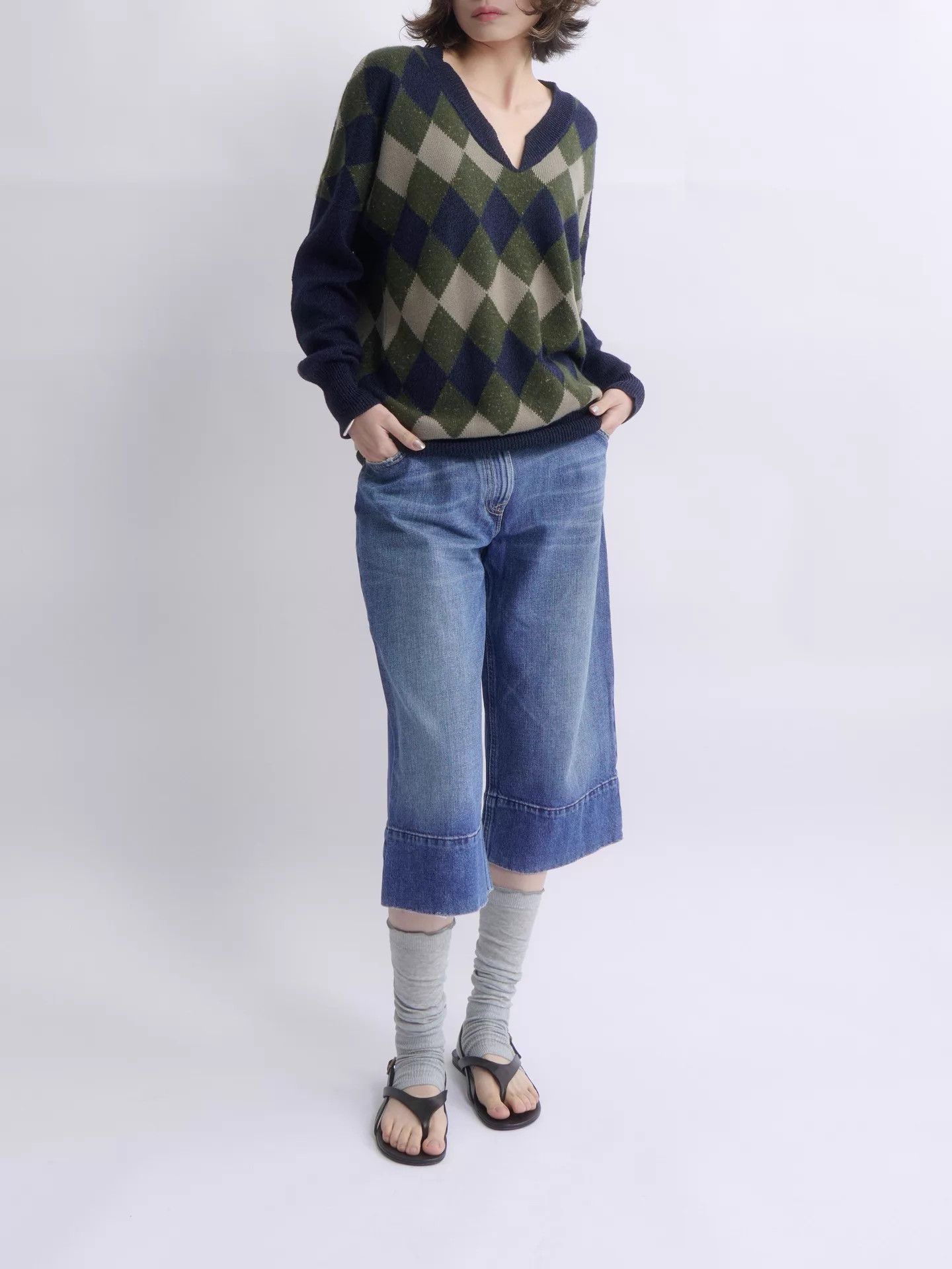 Chloe Chloe 2010ss argyle oversized Vneck knit khaki-navy-cream Size XS / US 0-2 / IT 36-38 - 2 Thumbnail