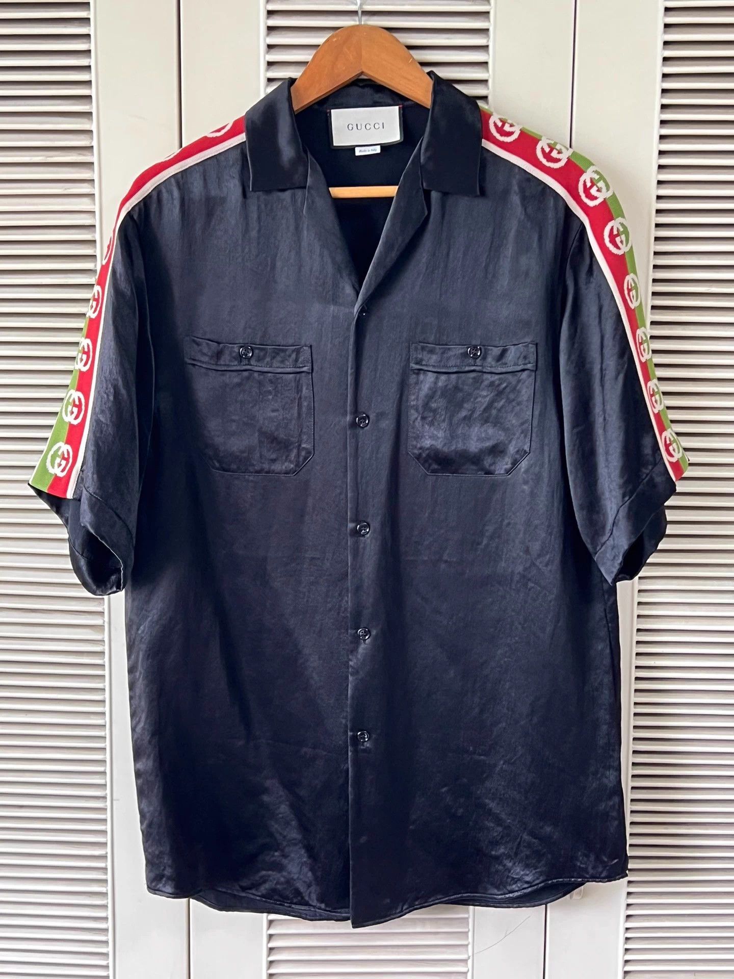 Gucci Gucci GG Geometric Print Silk Bowling Shirt Green Gold Black 