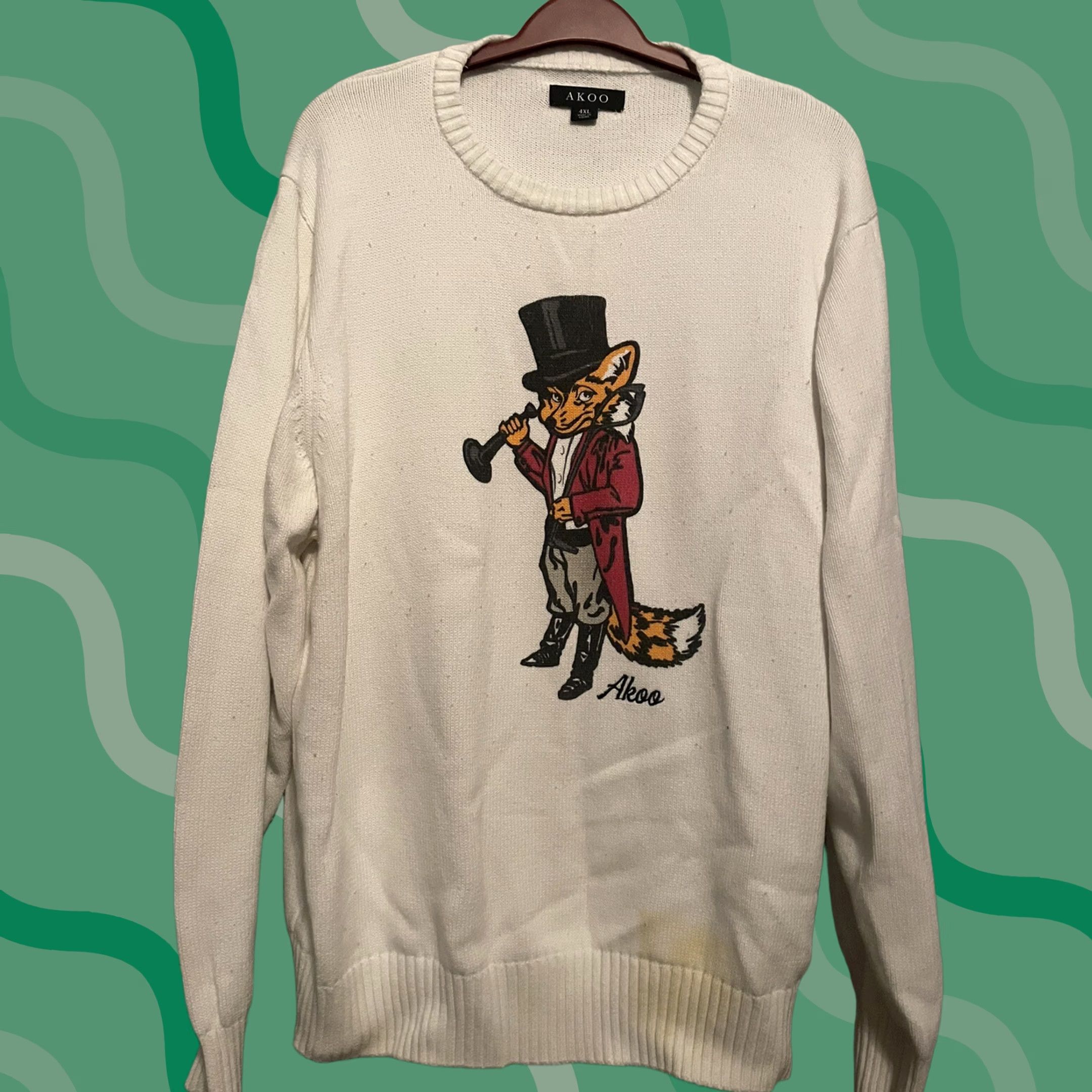 Vintage VINTAGE Akoo White Fancy Fox Screen Print Sweater (A112) 4XL Unisex Adults Dolman Sleeve Crew Neck Pullover Graphic Print 80s Animals Sweatshirt Size XXL / US 16-18 / IT 52-54 - 1 Thumbnail