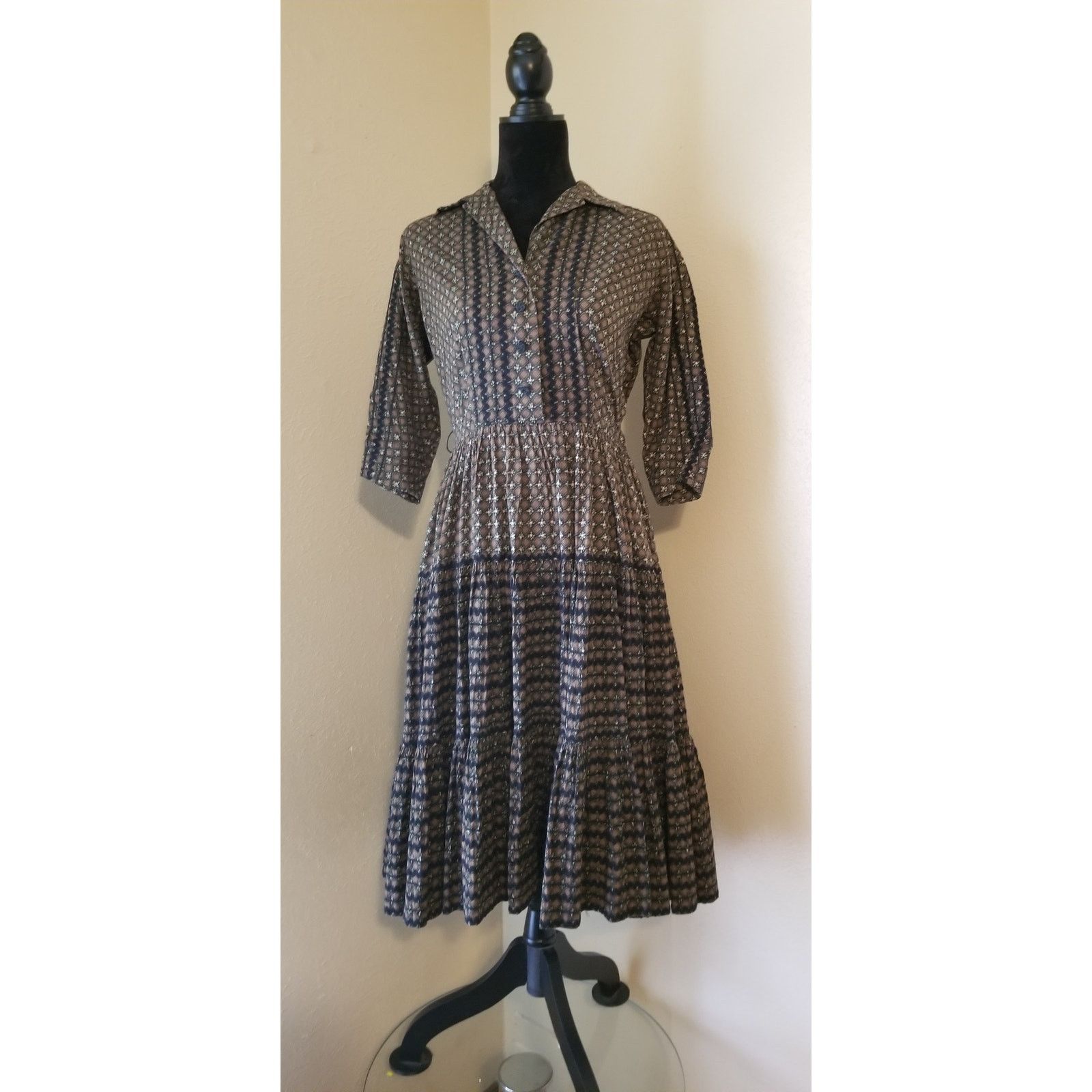 Vintage Vtg 50s 60s Patio Dress Circle Skirt Brown Black Prairie Size M / US 6-8 / IT 42-44 - 6 Thumbnail