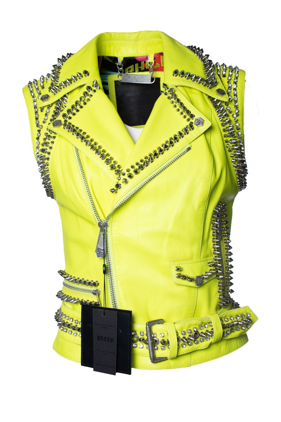 Philipp Plein Philipp Plein, neon yellow leather vest with studs Size S / US 4 / IT 40 - 1 Thumbnail