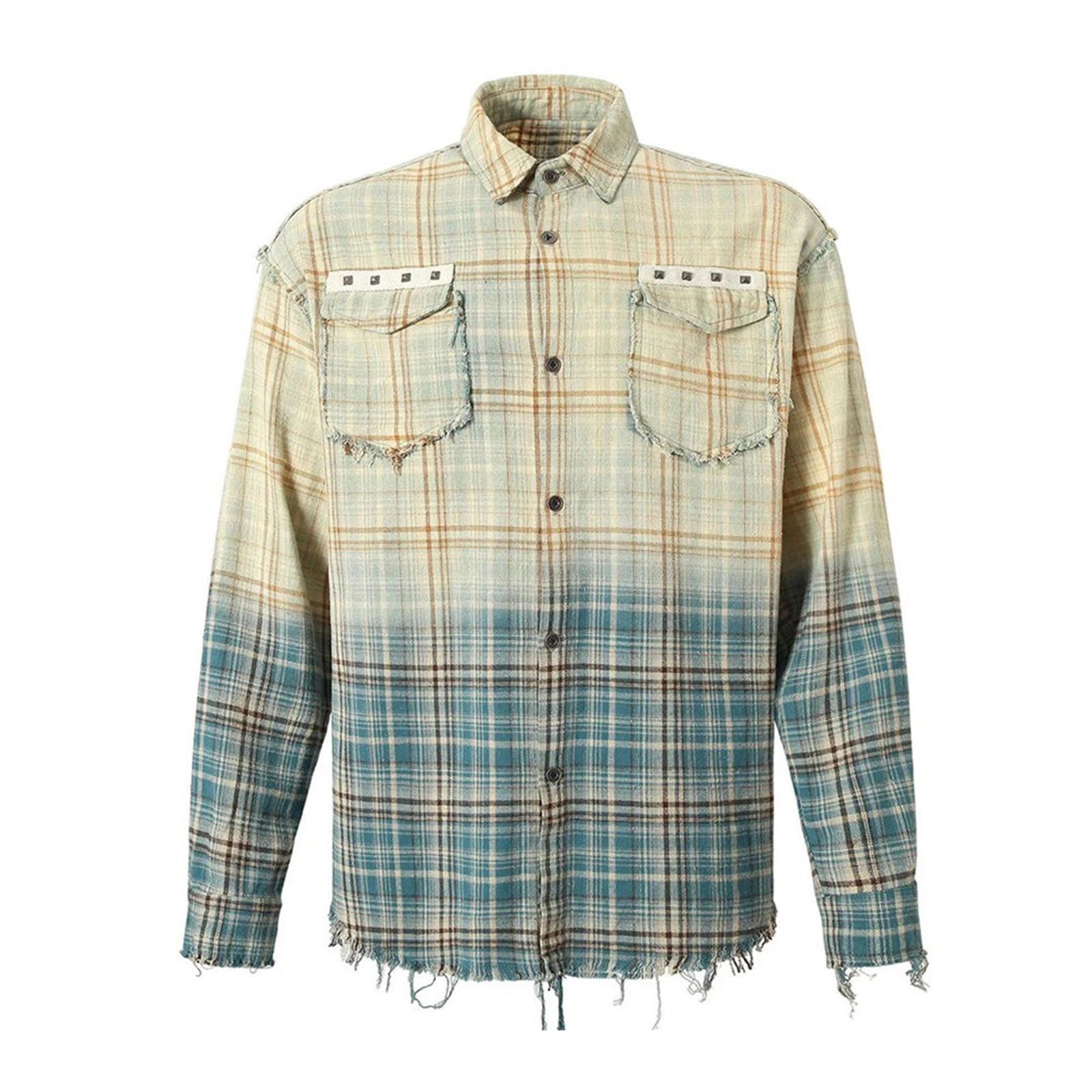 Gradient Plaid Frayed Shirt