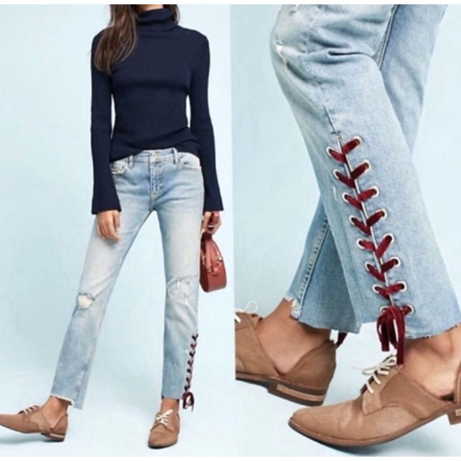 Anthropologie Anthropologie Pilcro Velvet Lace Tie Mid Rise Slim Straight Jeans Blue Size 25 Women Size 42" / US 20 - 2 Thumbnail